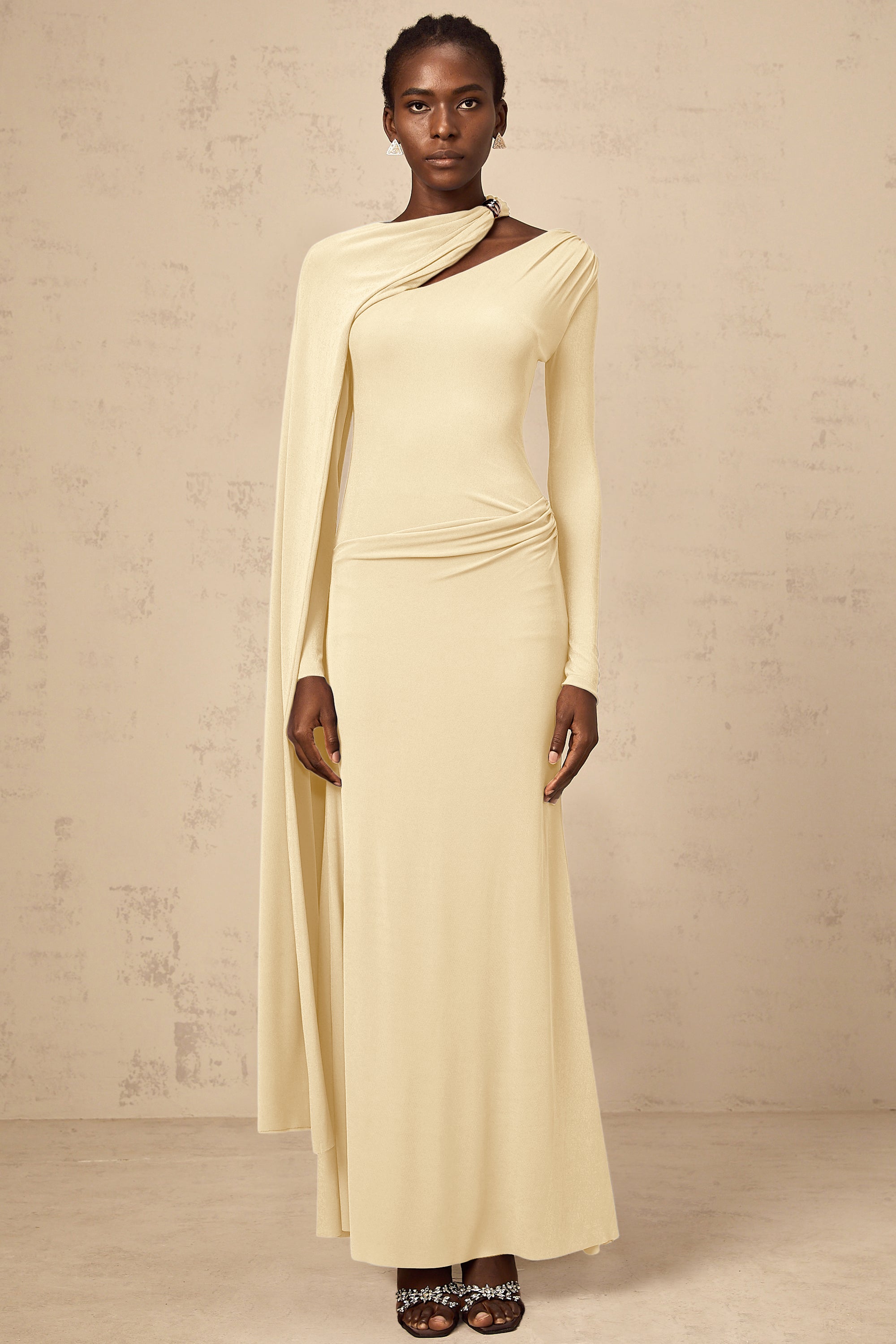 Josette Yellow Diagonal Shawl Fitted Maxi Dress
