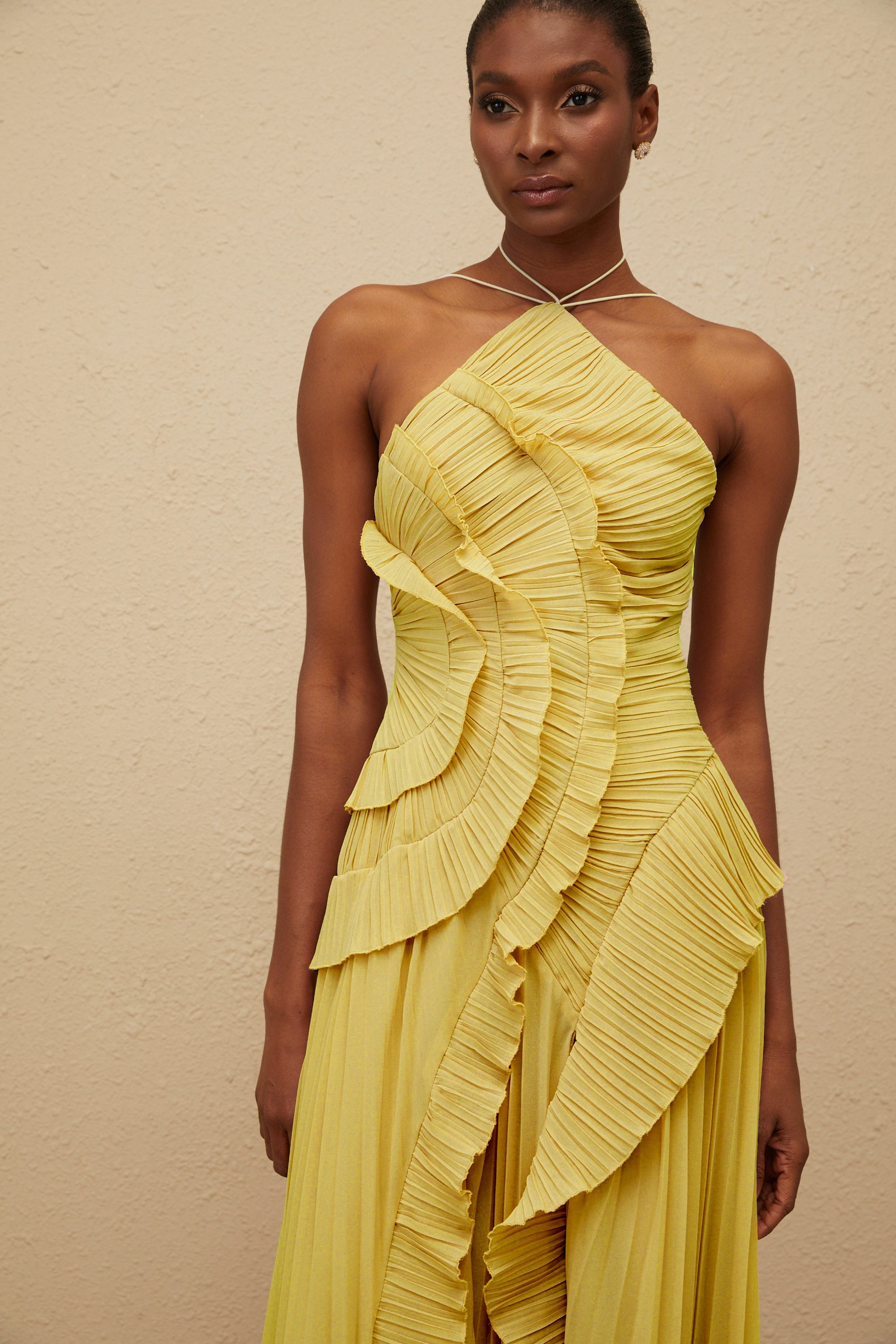 Doux Yellow Ruffled Trim Pleated Midi Dress
