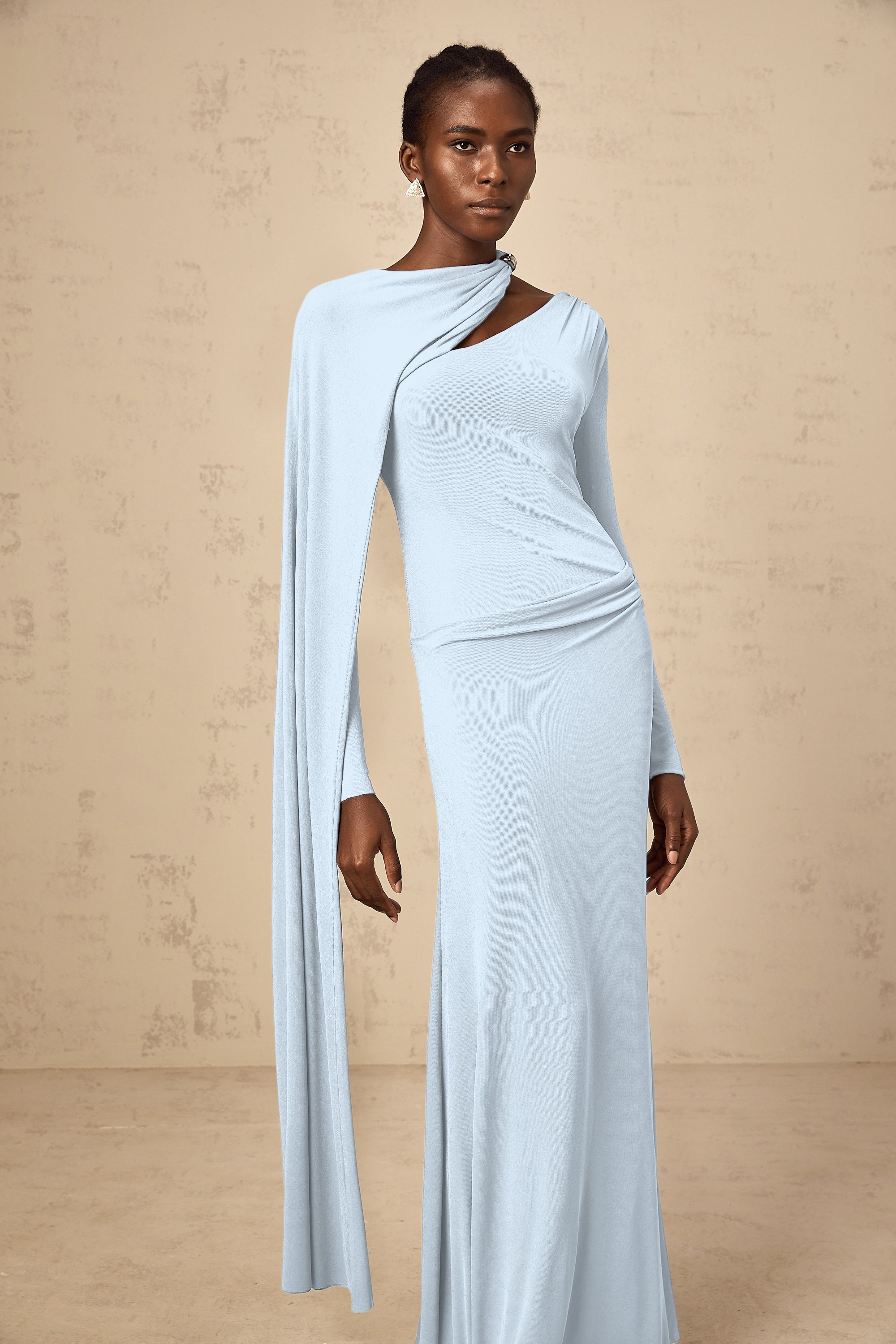 Josette Blue Diagonal Shawl Fitted Maxi Dress