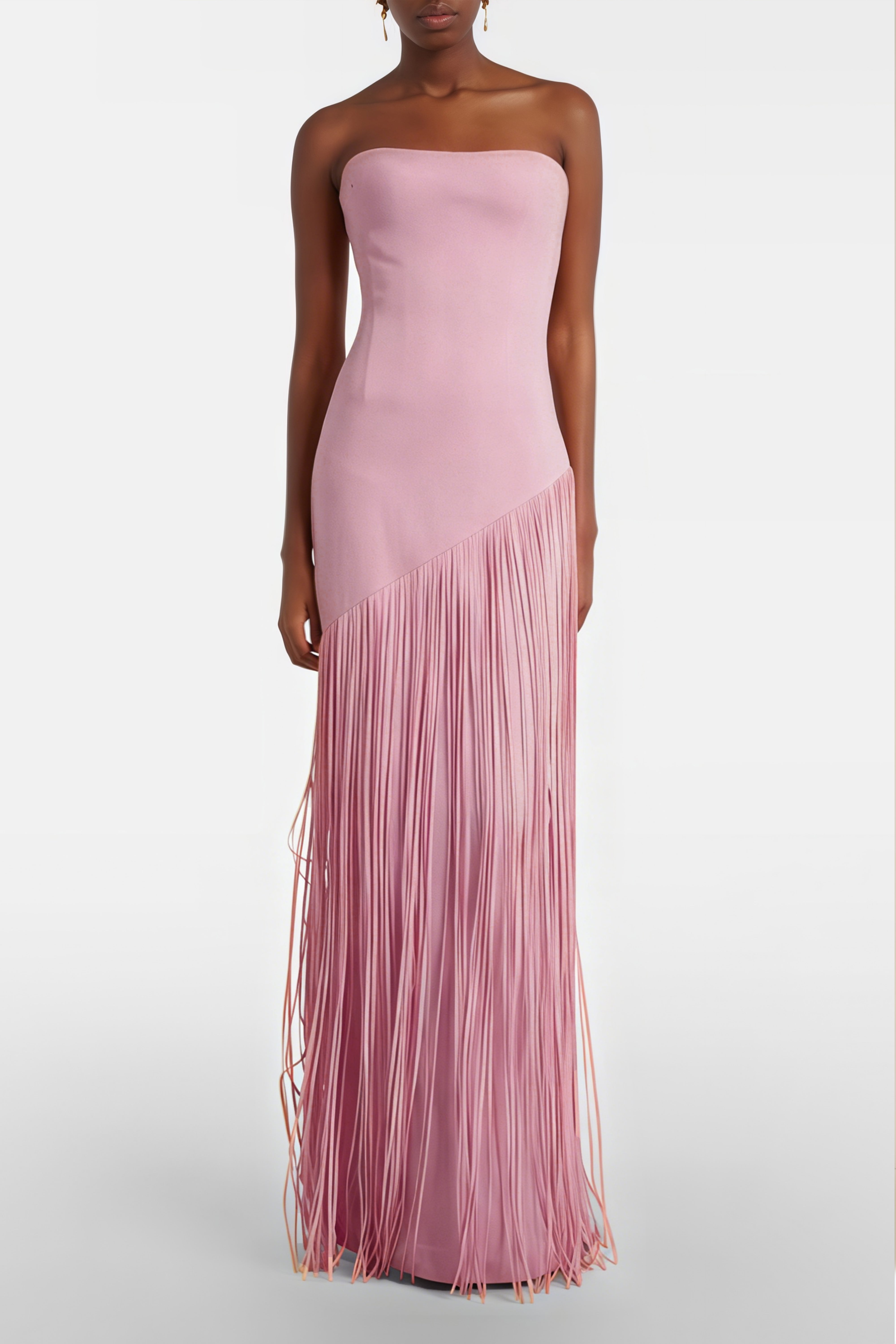 فستان ماكسي من كايتانا باللون الوردي مع حواف مزينة بشراشيب وتصميم يشبه الرداء