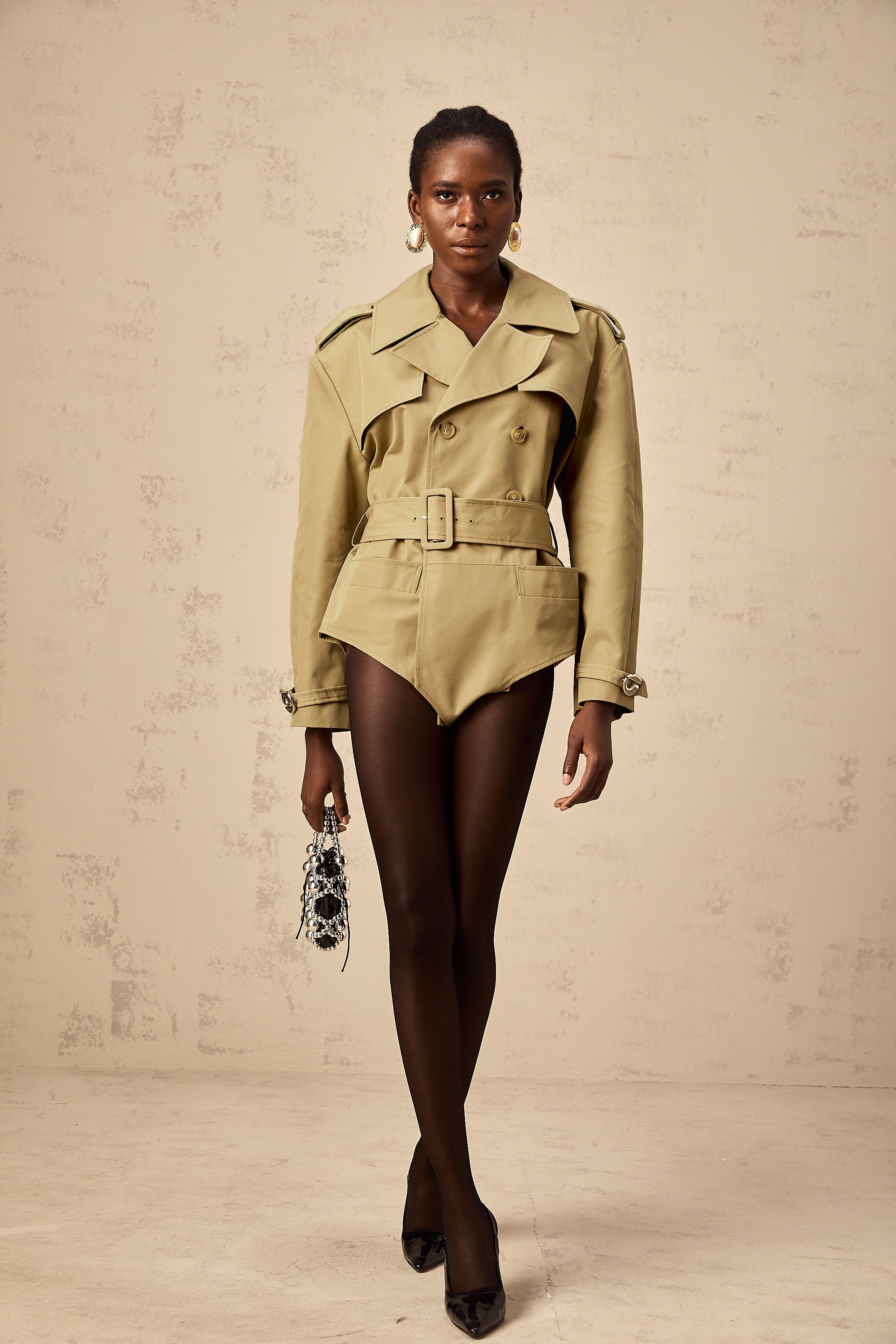 Chloe khaki double-breast belted bodysuit