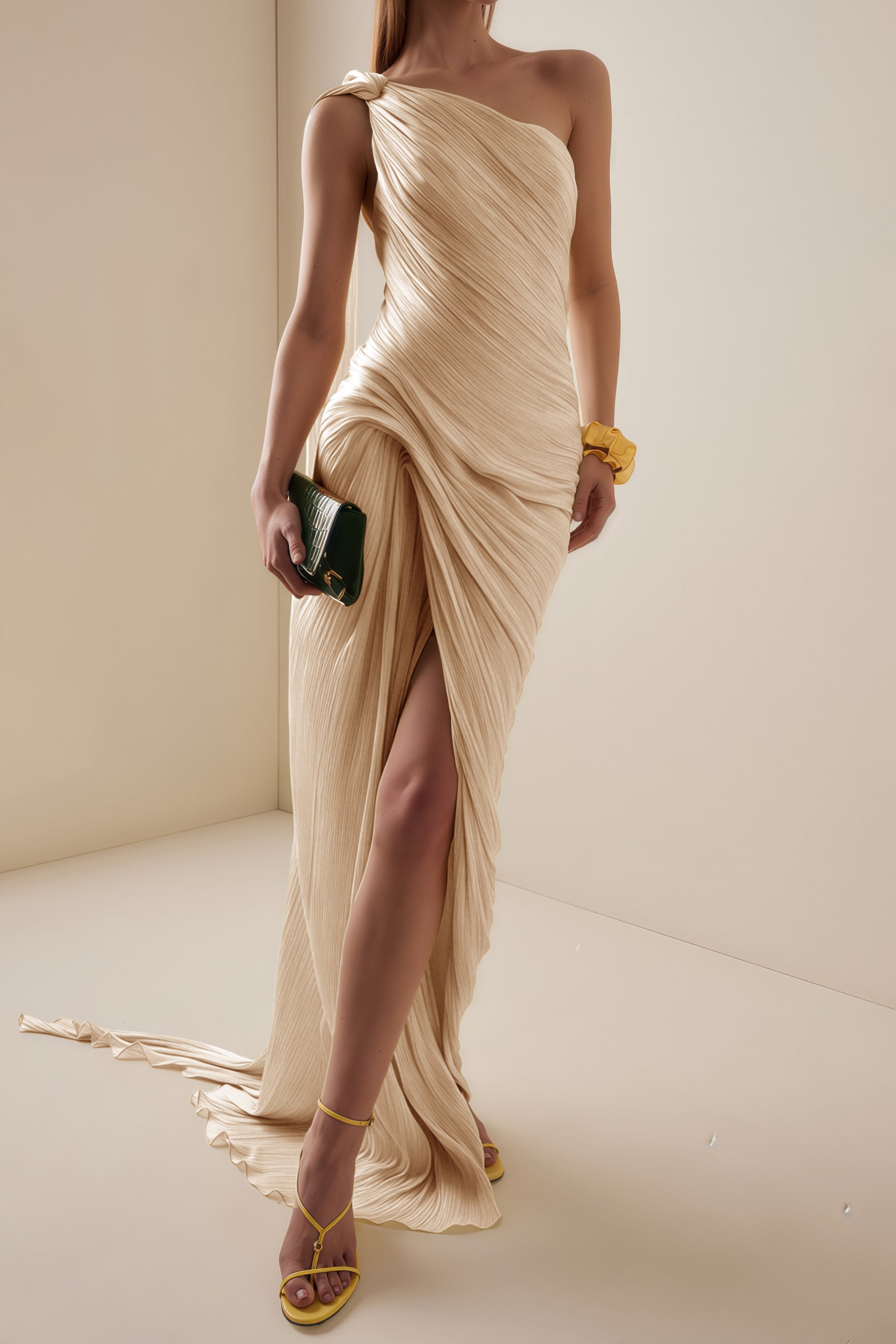 Meissa Neutral Asymmetrical Ruched Maxi Dress