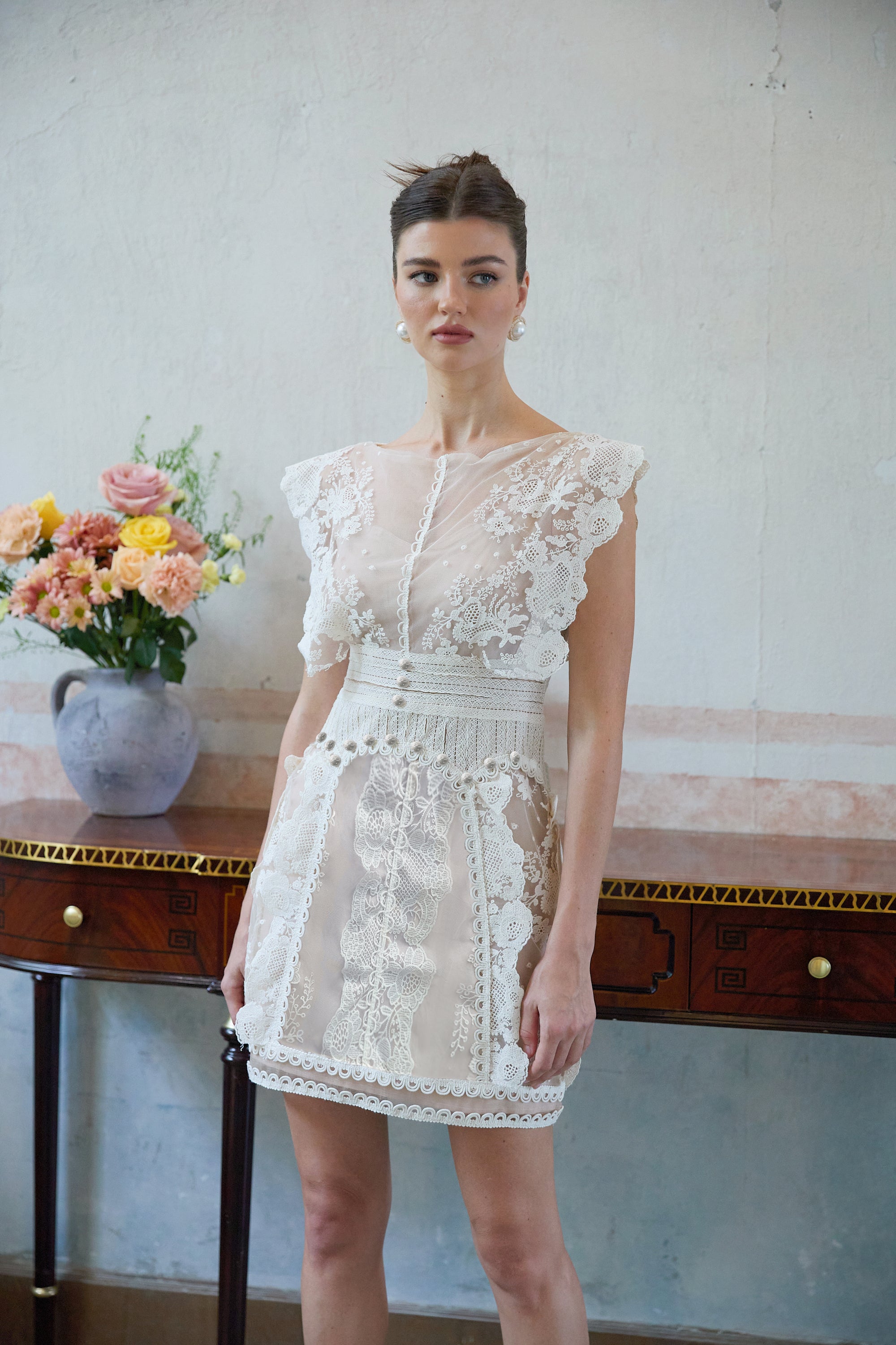 Maïa white floral-embroidered lace mini dress