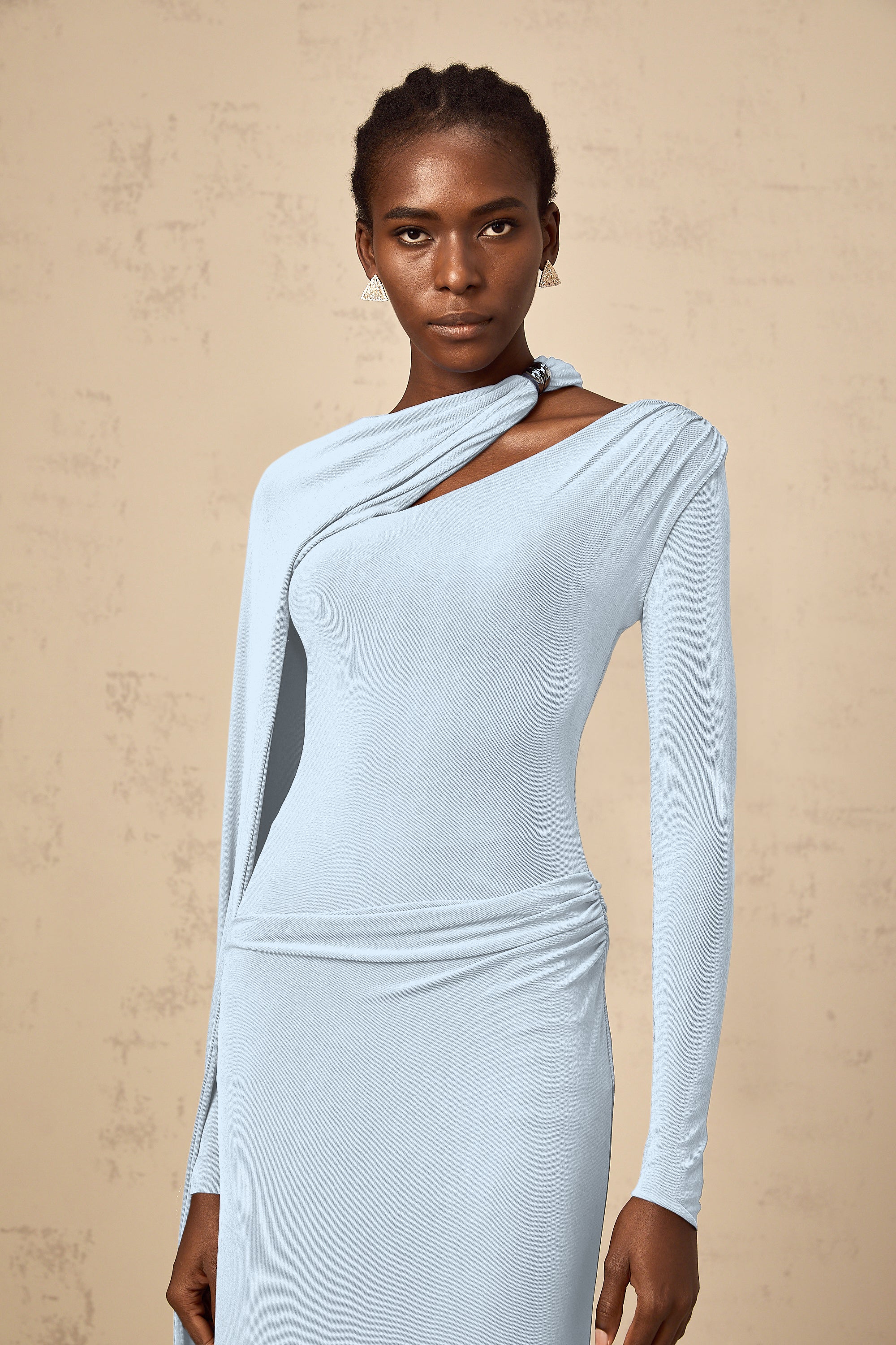 Josette Blue Diagonal Shawl Fitted Maxi Dress