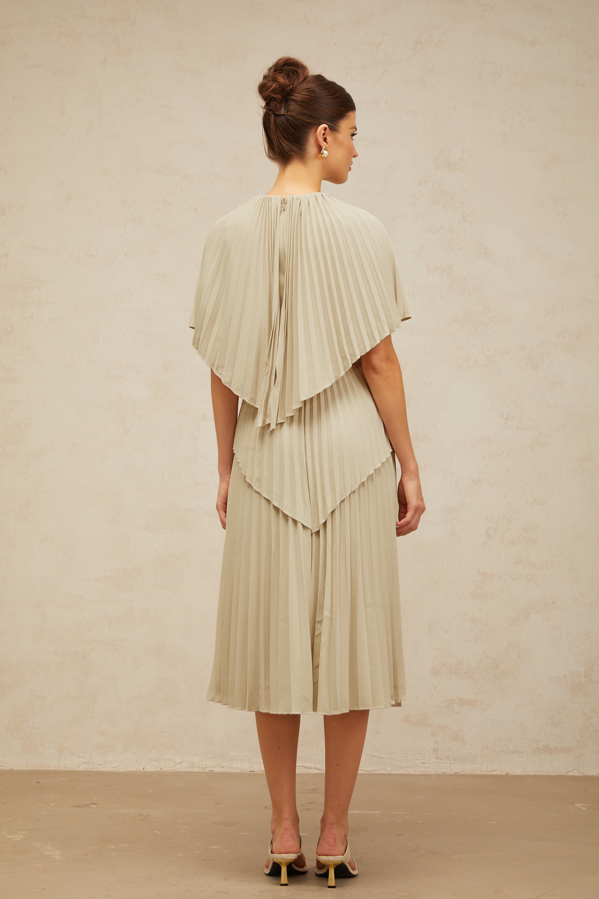 Héloïse neutrals cape pleated midi dress