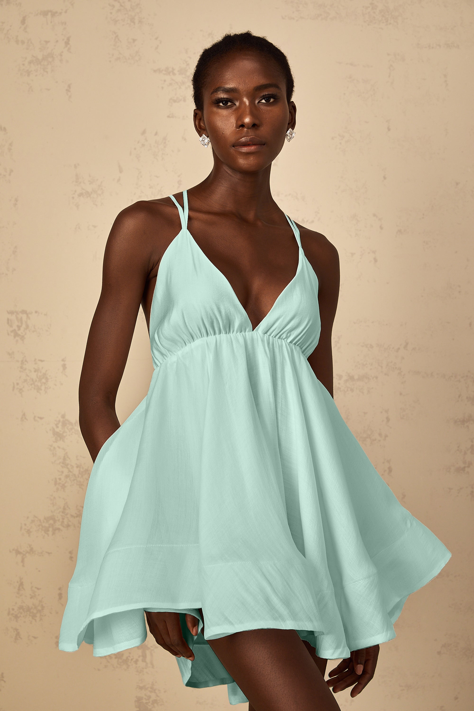 Quincie Green Shirred Flounced Mini Dress