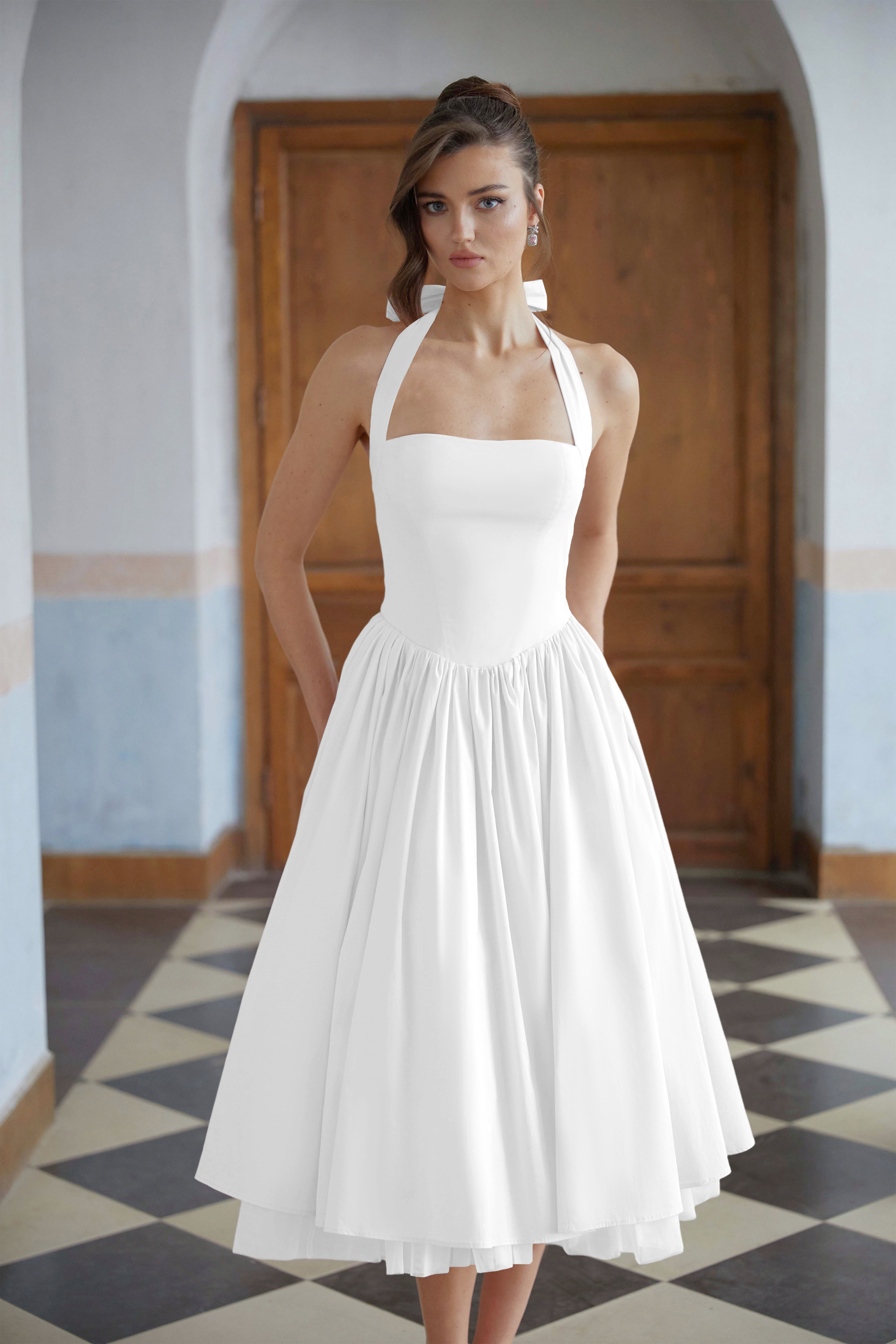 Eponine Weißes Midikleid mit gestuftem, ausgestellter Saum