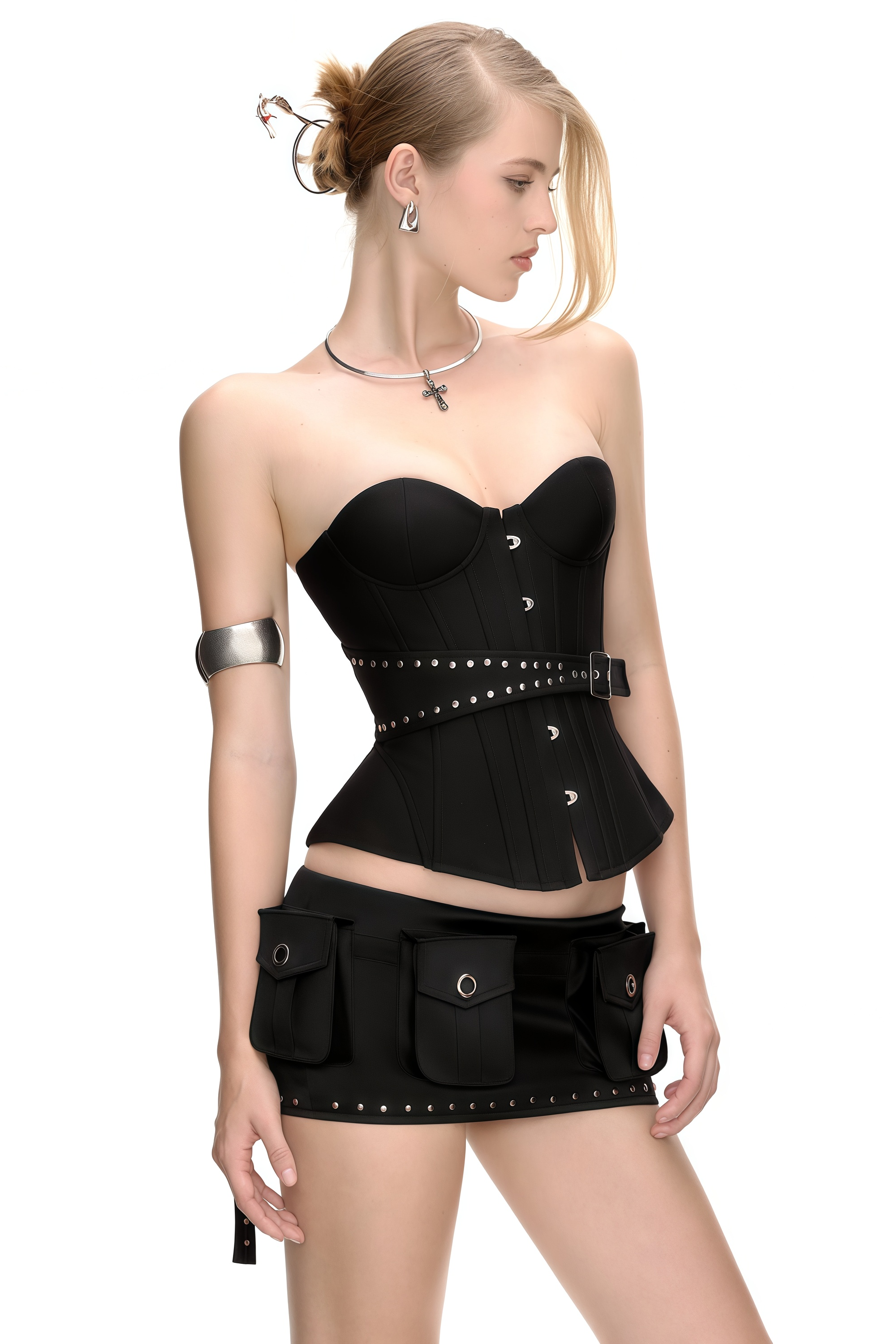 Tiril Black Studded Belted Corset Top