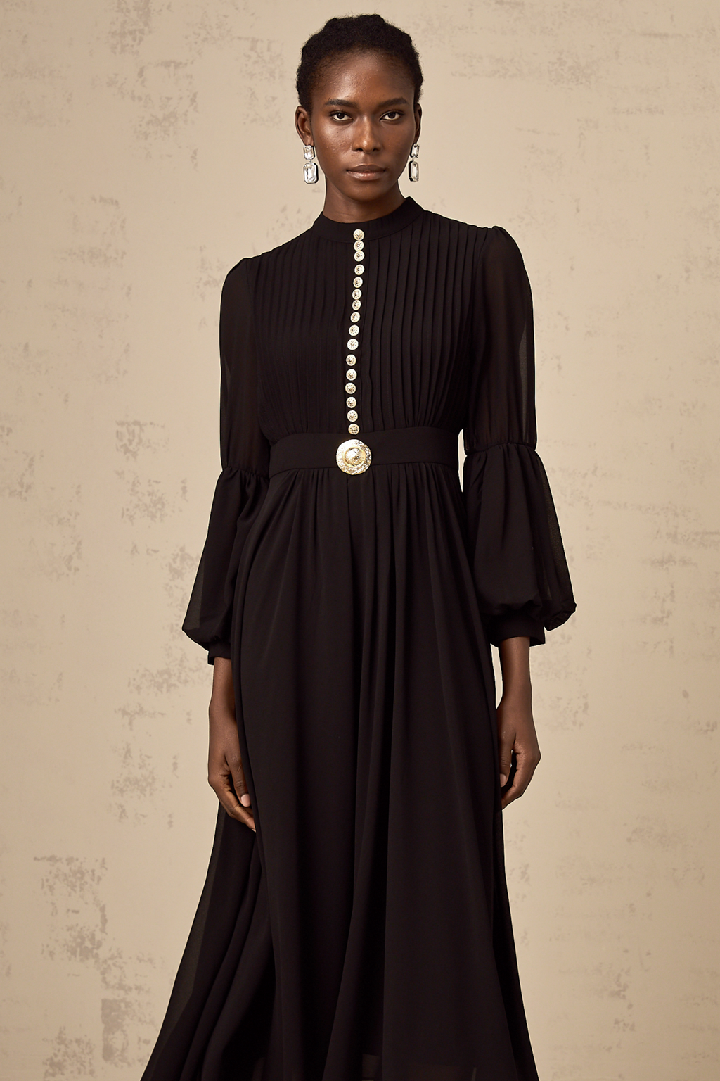 Viviane black pleated button-front midi dress Viviane black pleated button-front midi dress