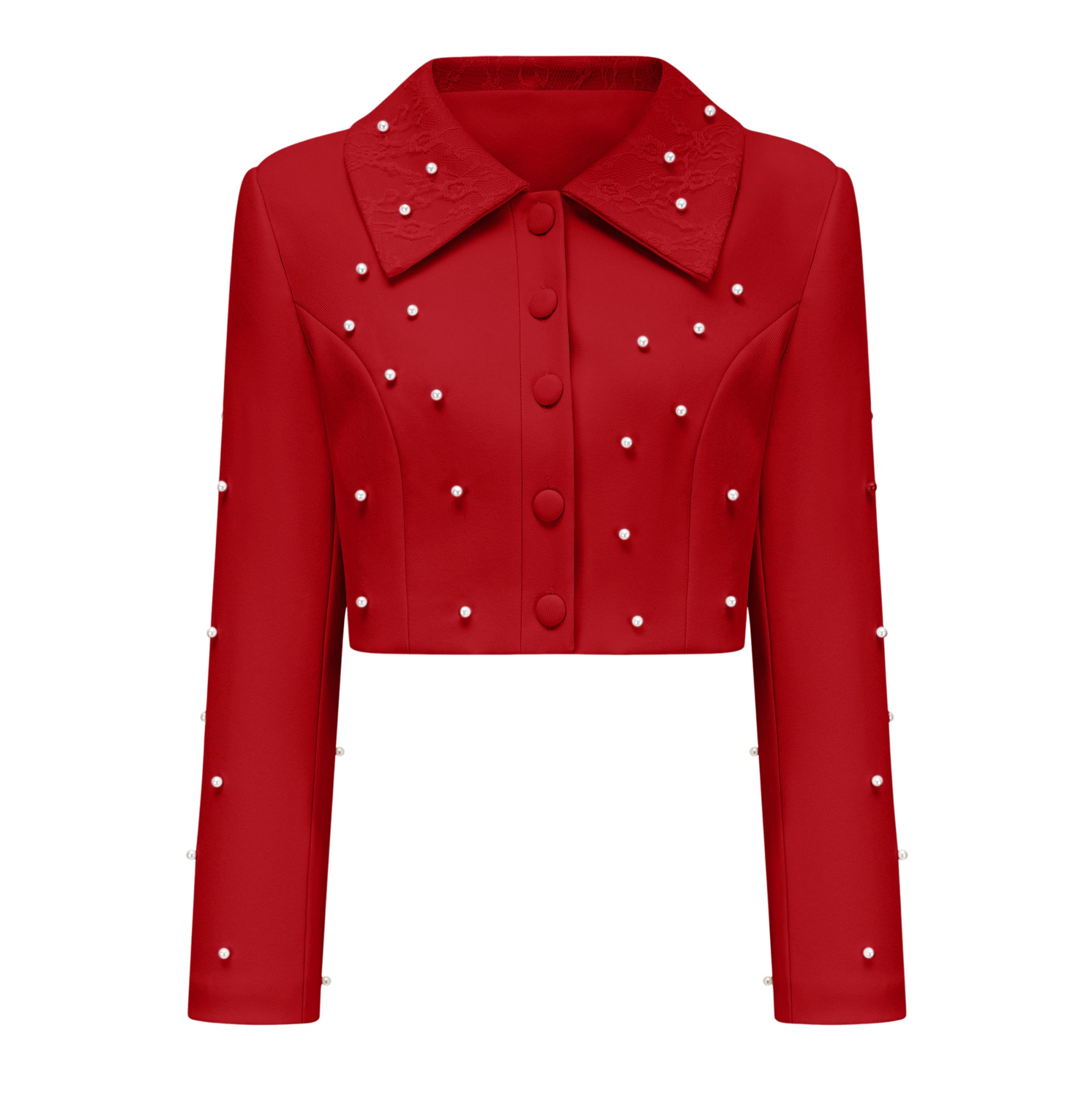 Maja Red Faux Pearl Jacket & Pleated Skirt Set