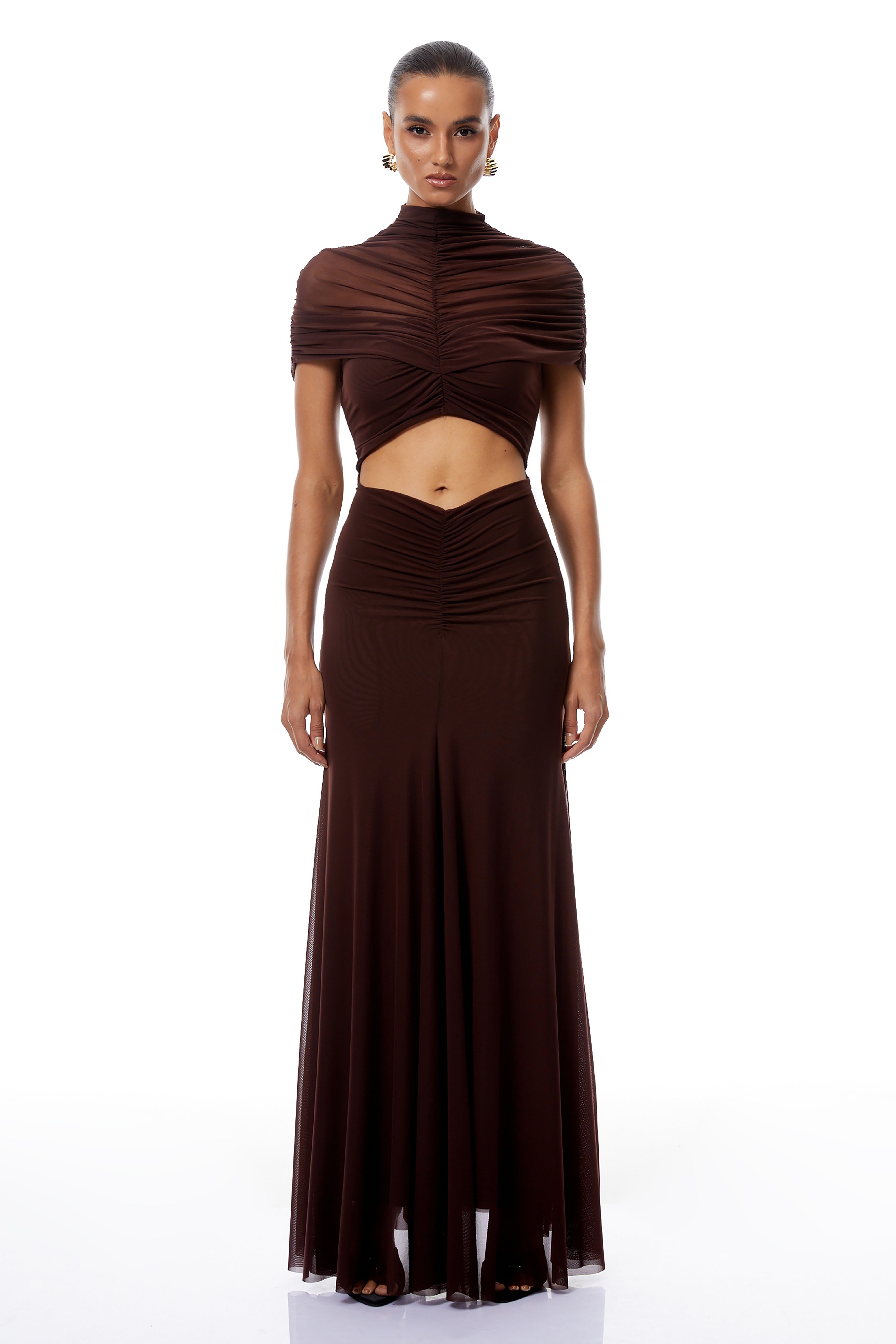 Bruna Cut-Out Ruched Mesh Maxi Dress