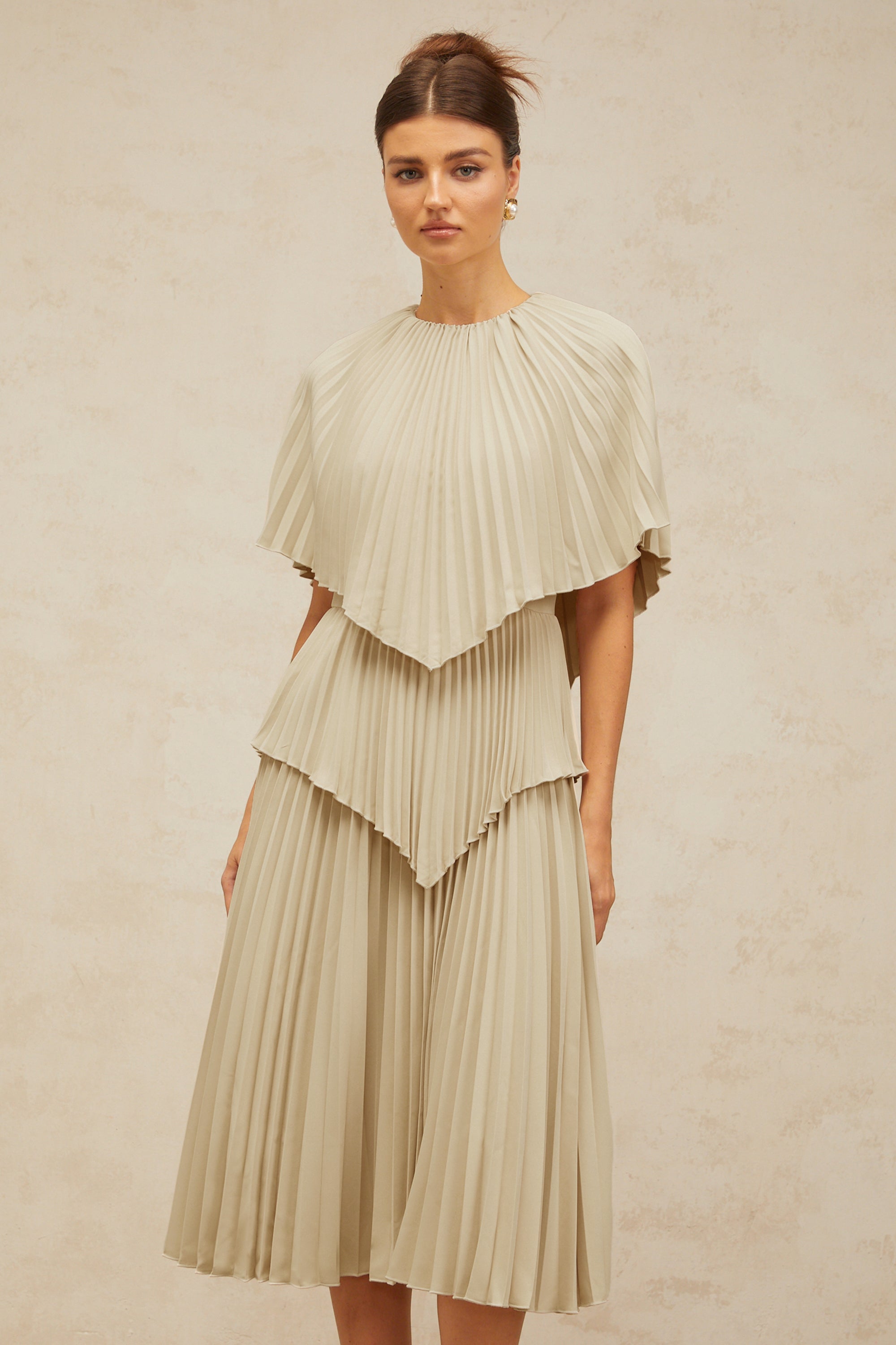 Héloïse neutrals cape pleated midi dress