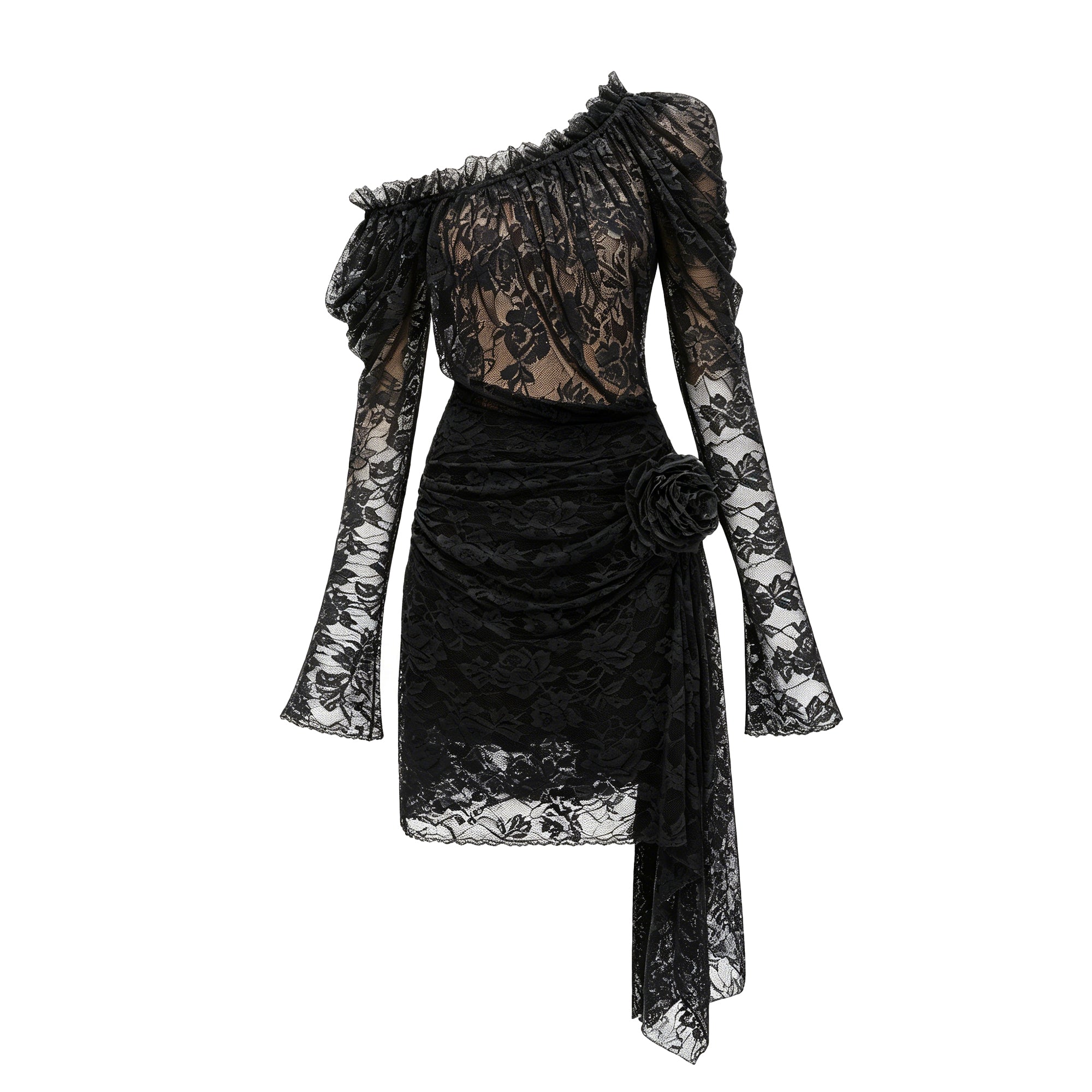 Alexis Black Semi-Sheer Floral Lace Mini Dress