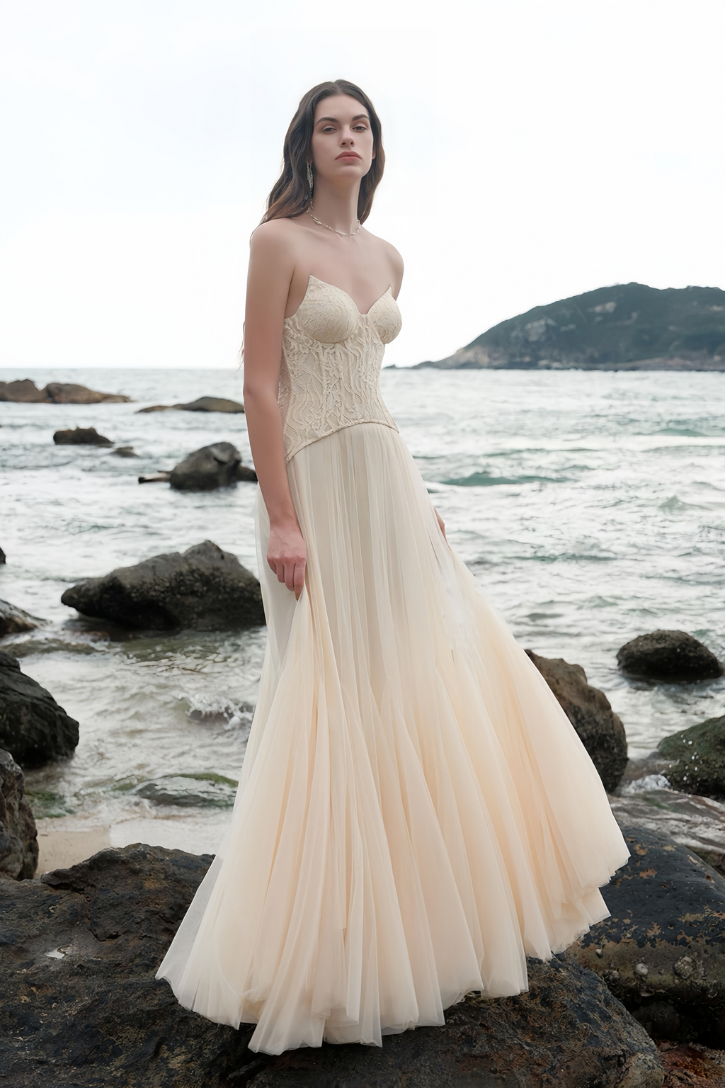 Ulrique Beige Lace Corset Tulle Maxi Dress