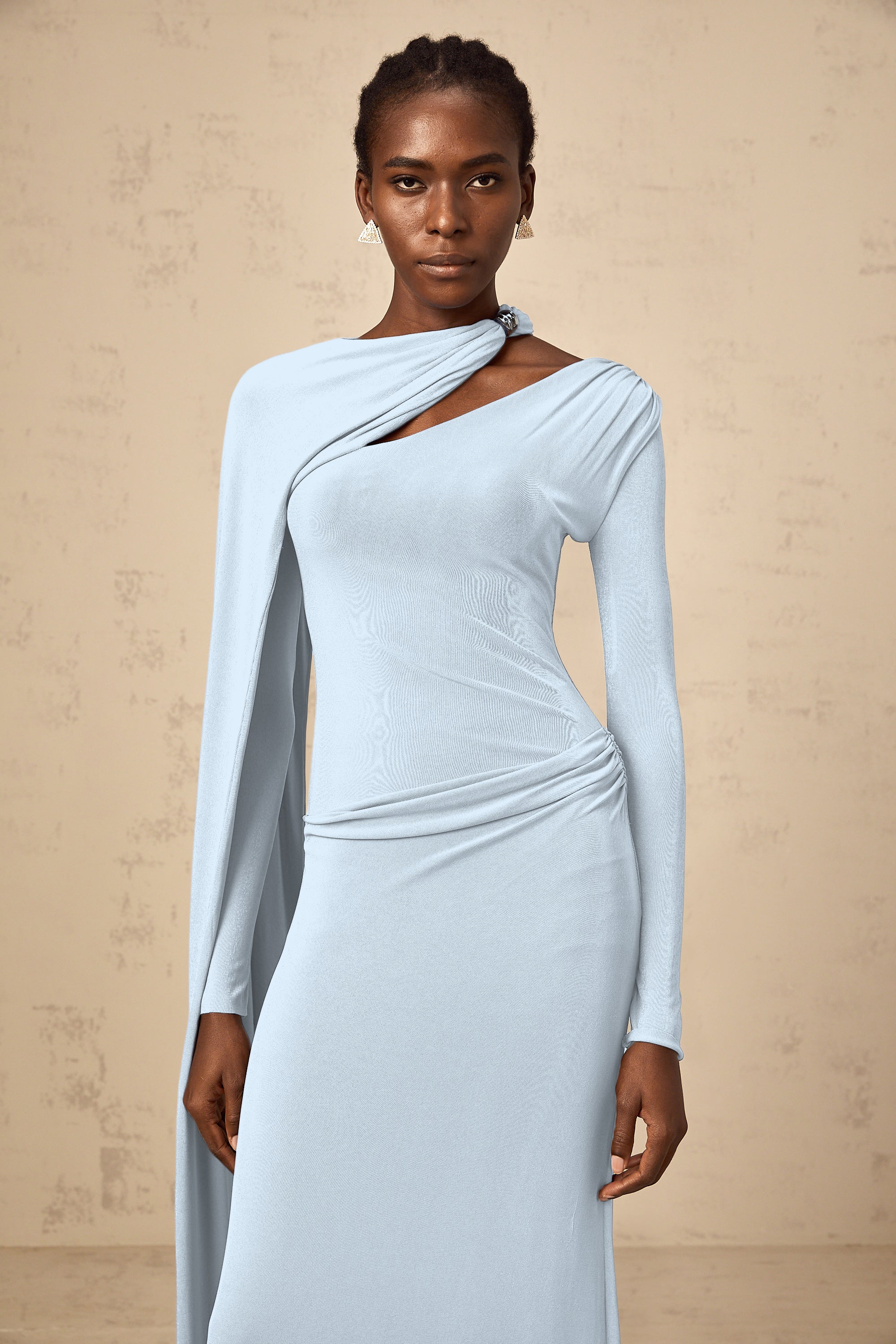 Josette Blue Diagonal Shawl Fitted Maxi Dress