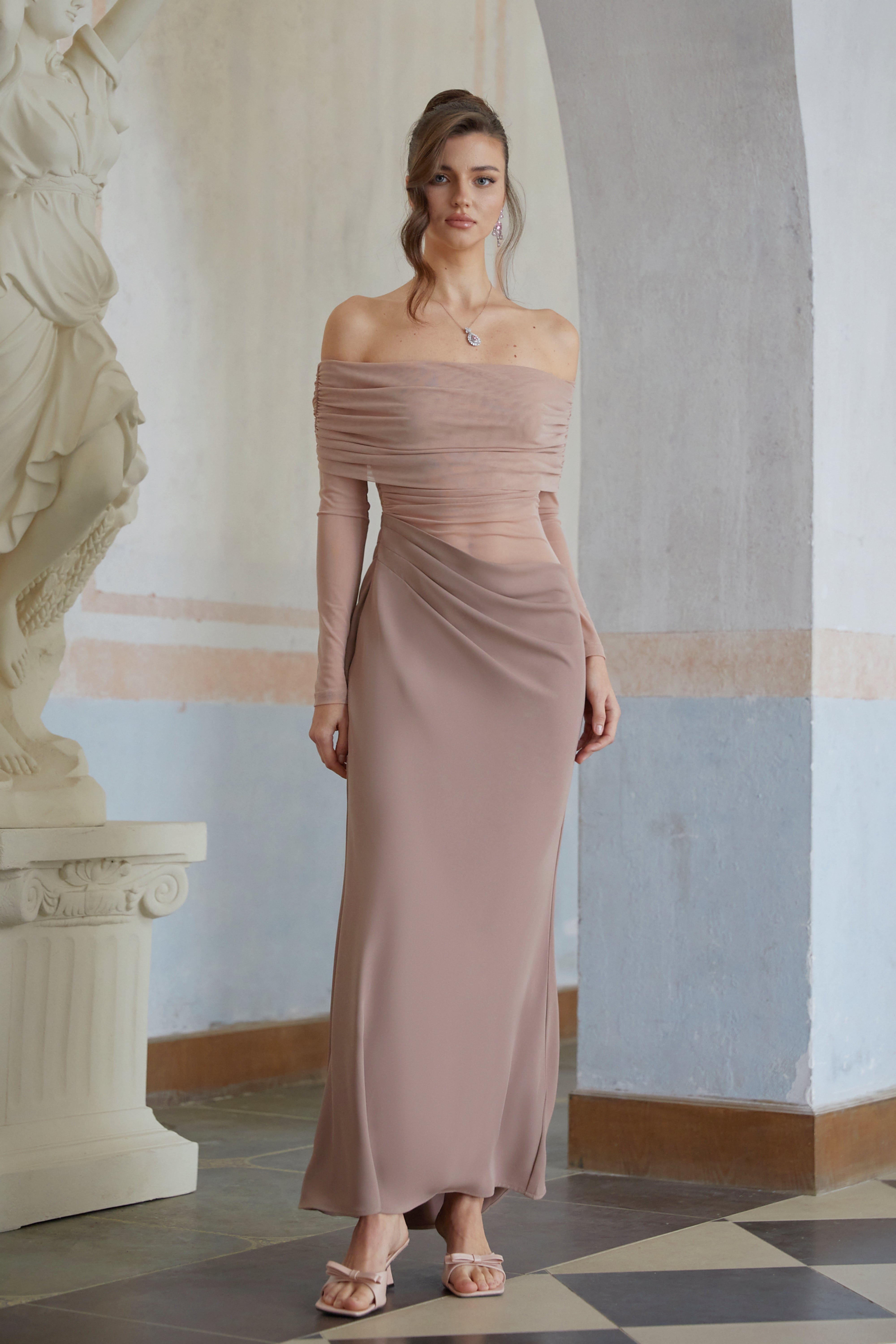 Estelle Pink Mesh Panel Ruched Maxi Dress