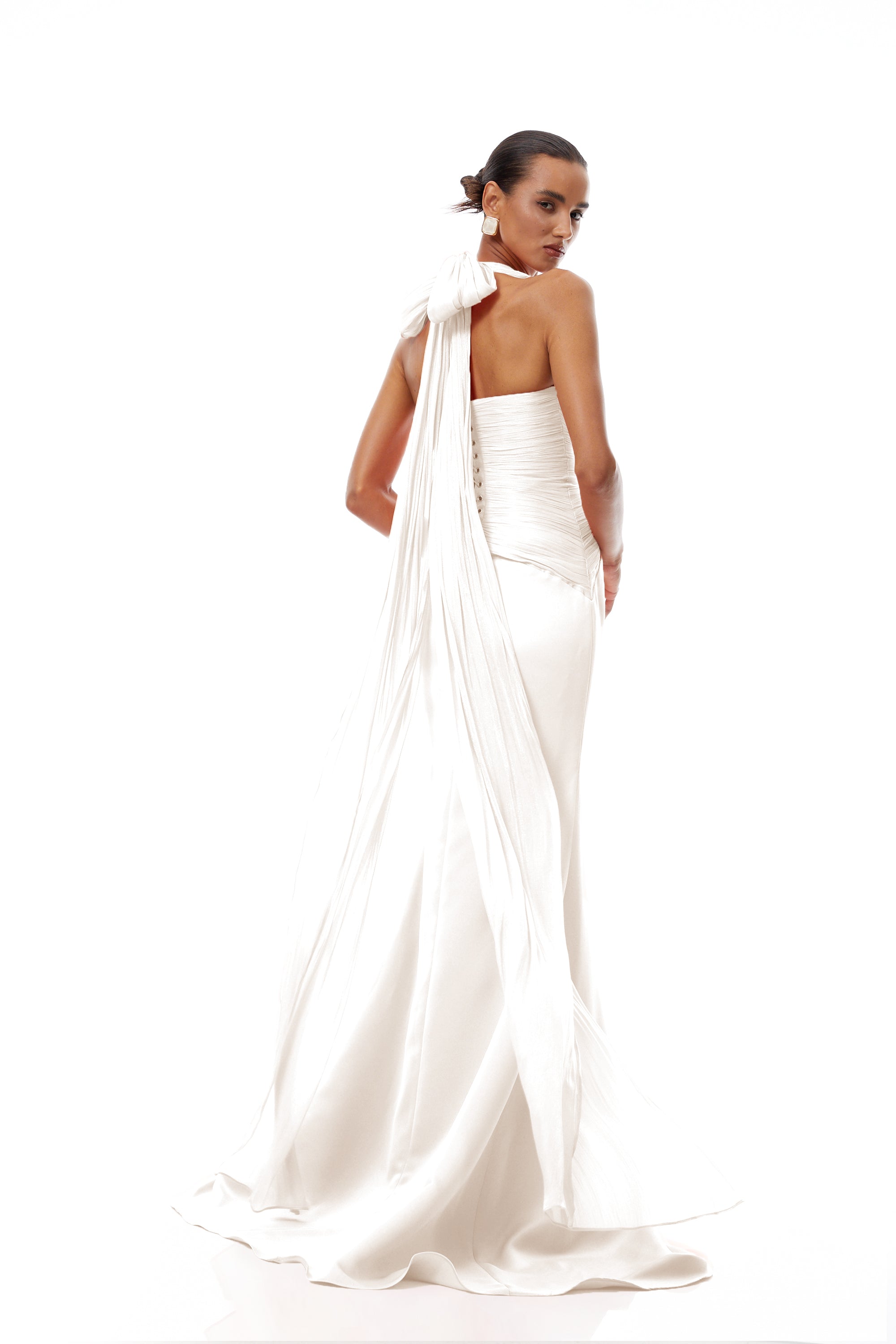 Emmeline White Train Design Gathered Maxi Dress