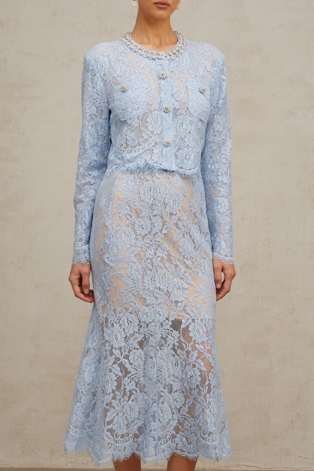 Ariane blue floral-lace top & skirt matching set