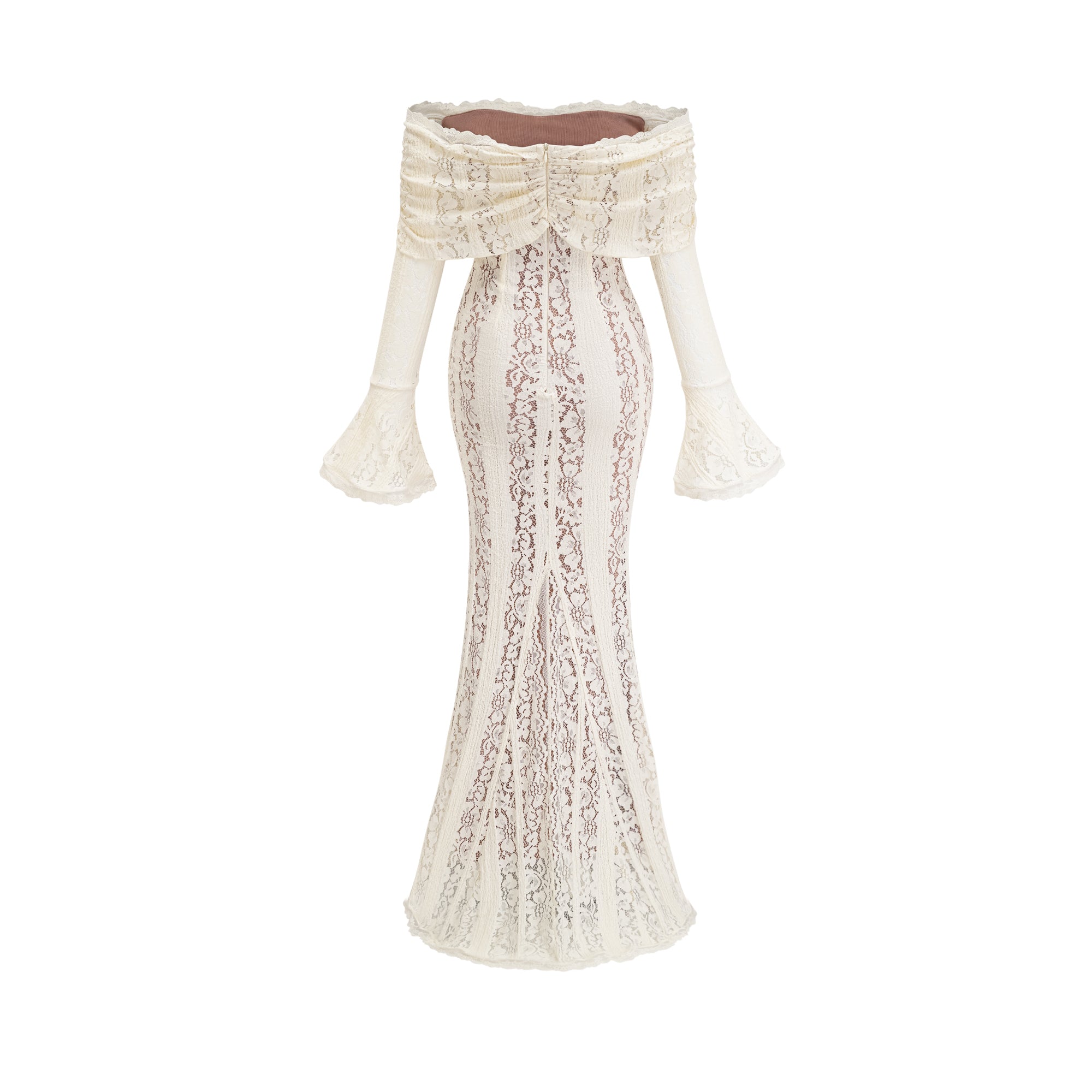 فستان ماكسي من إيميلين مزين بالزهور من الدانتيل بأكمام واسعة باللون الحيادي