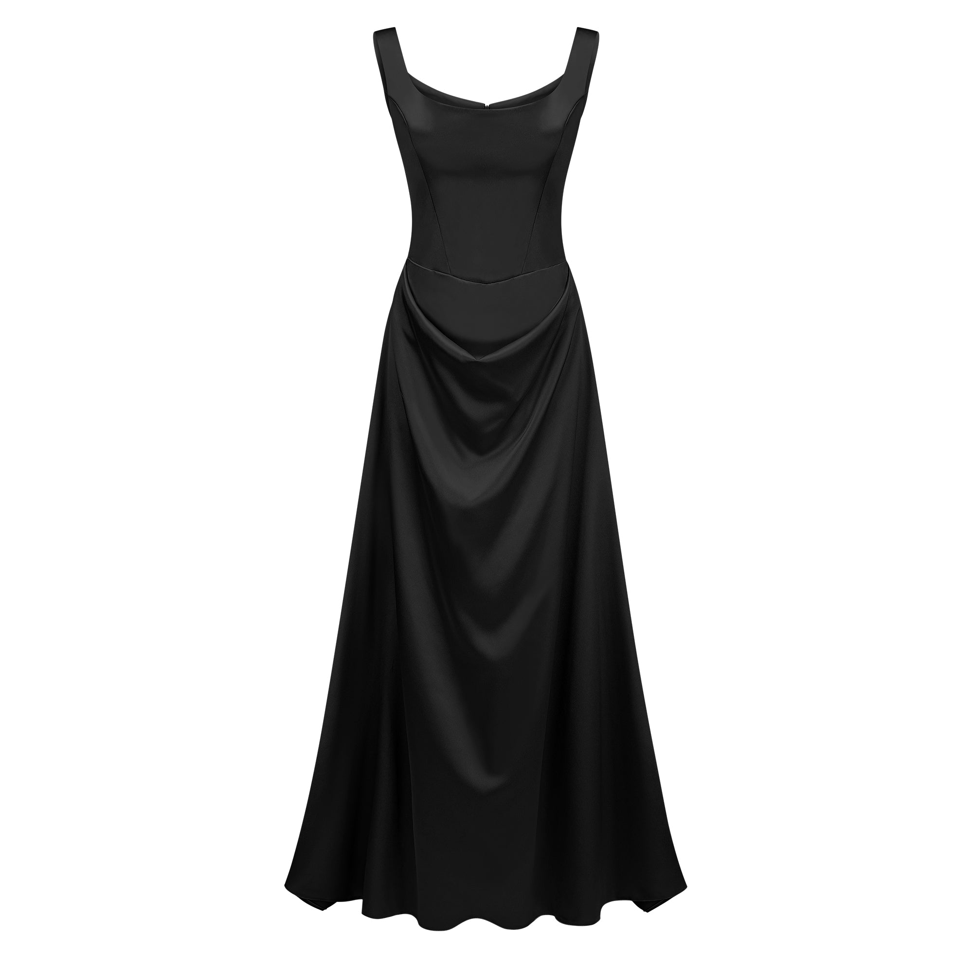 Fiona Schwarzes Satin-Maxikleid mit eckigem Ausschnitt