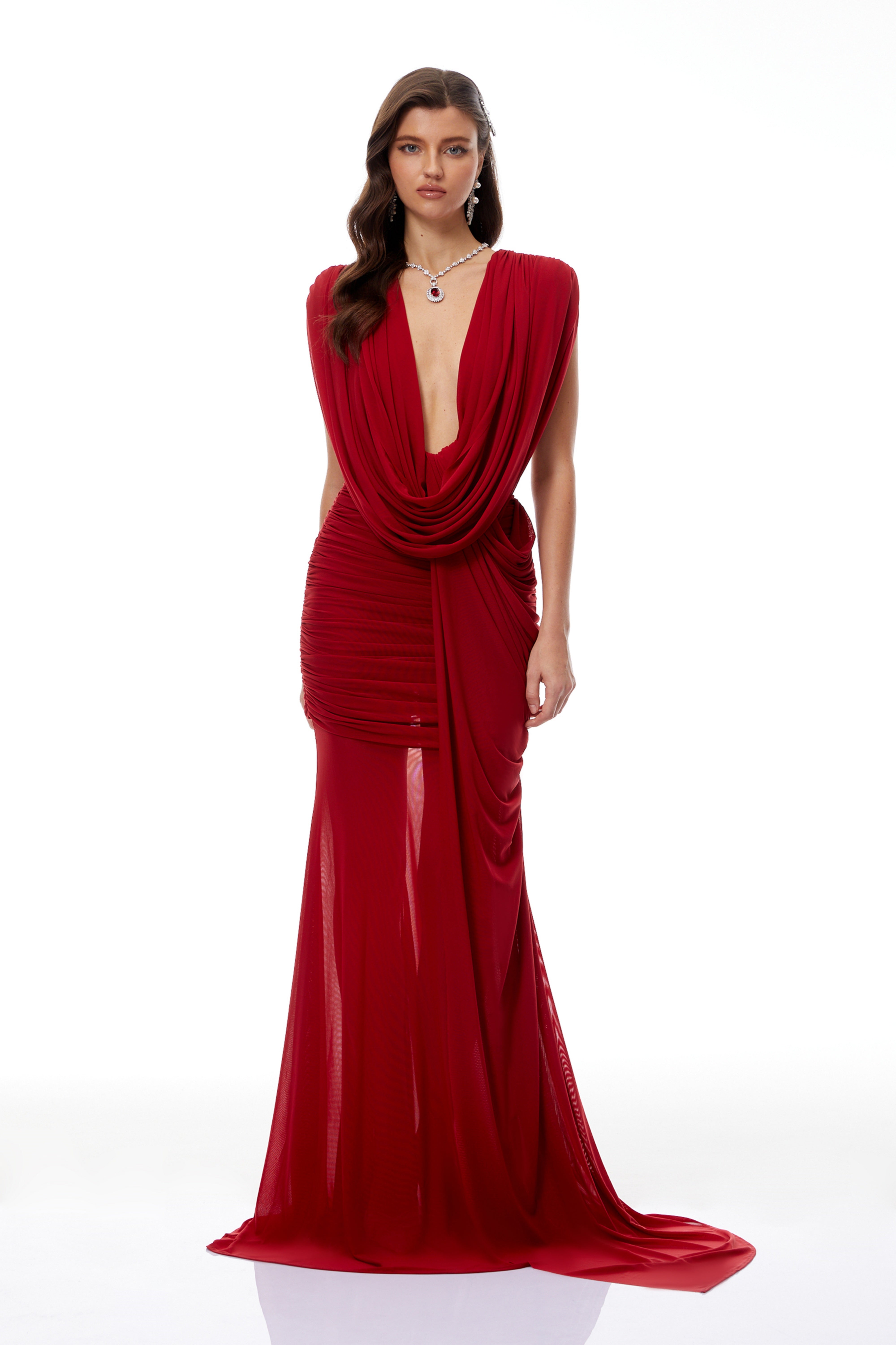 Fíona Rotes asymmetrisch drapiertes Maxikleid