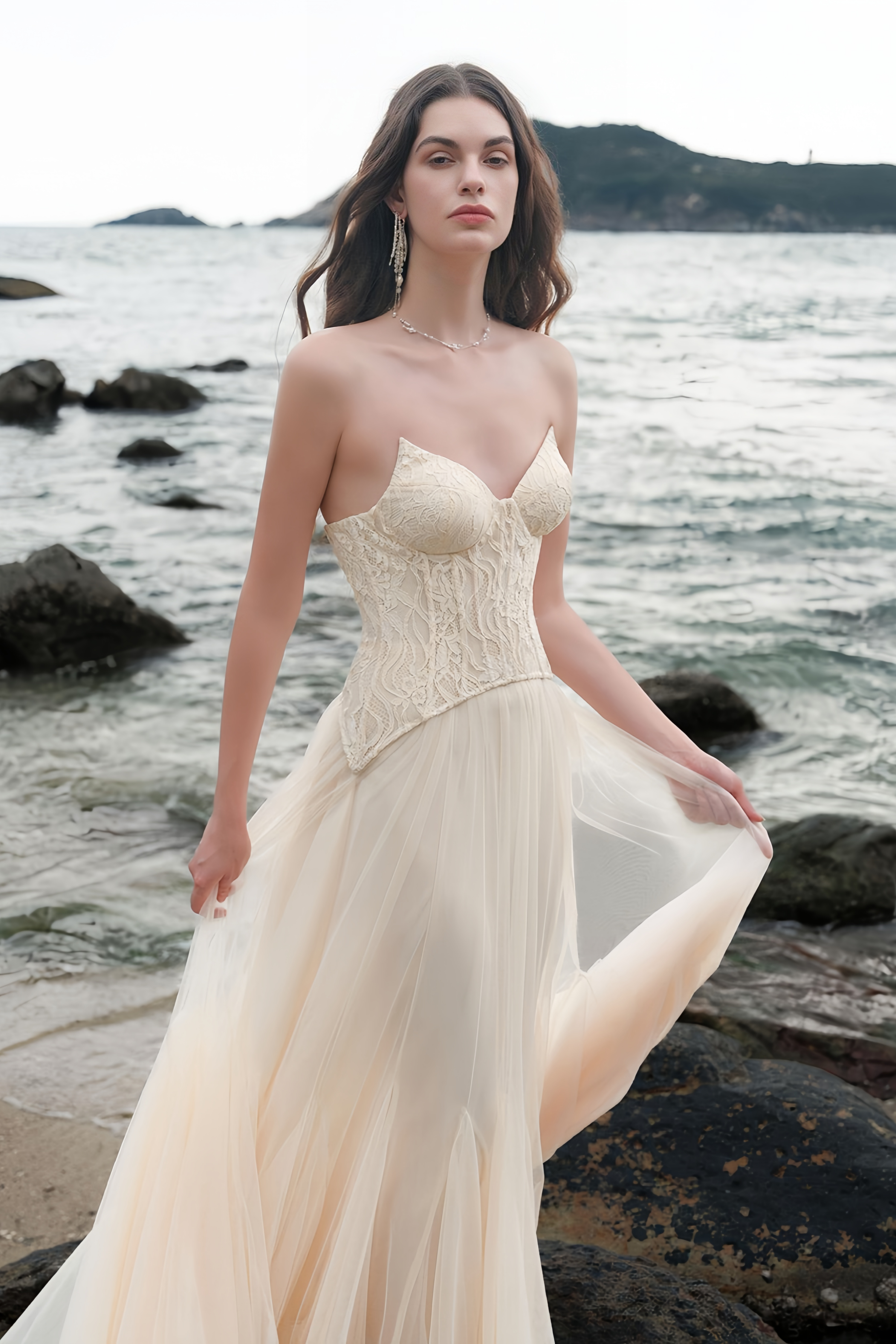 Ulrique Beige Lace Corset Tulle Maxi Dress