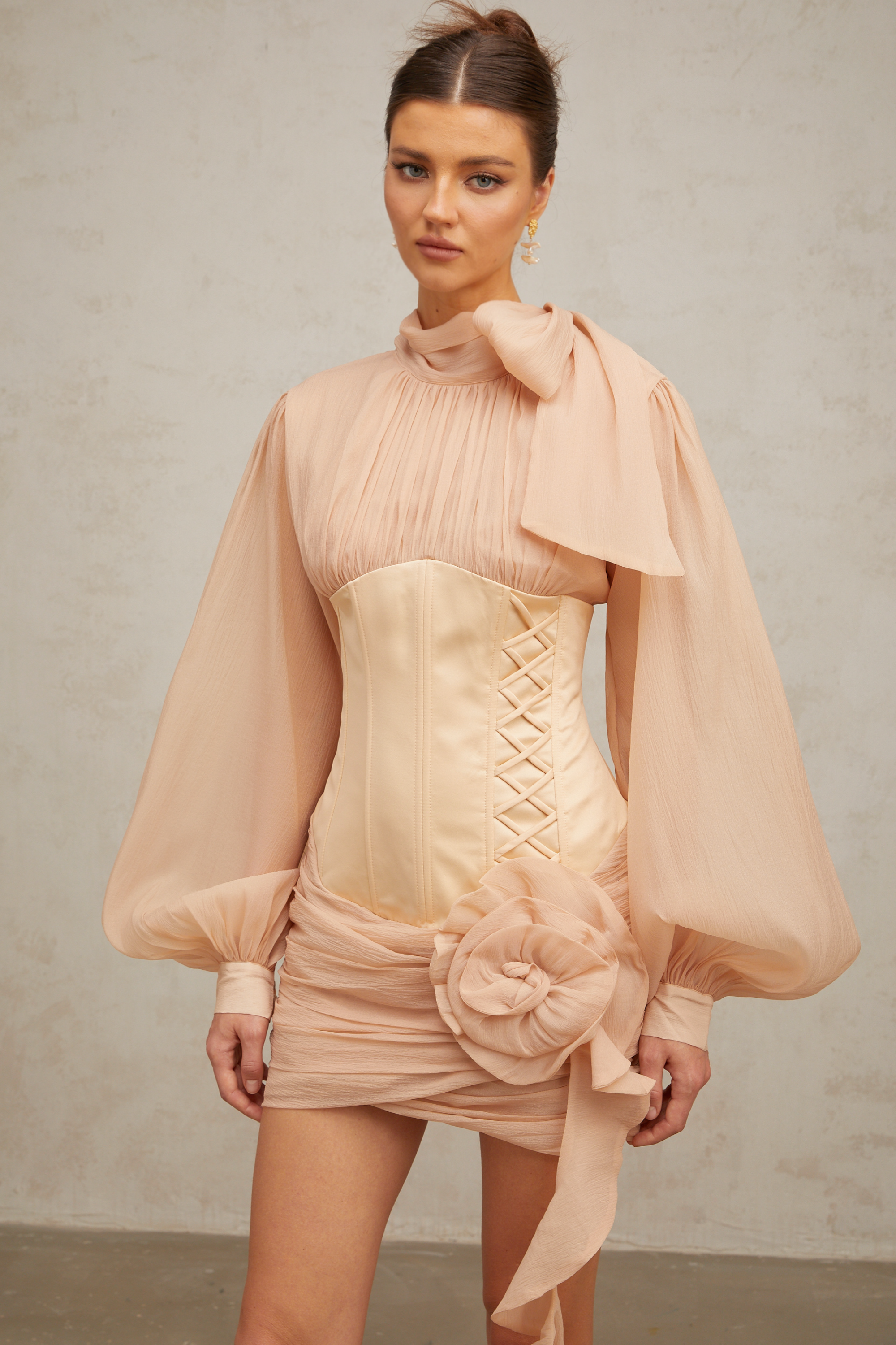 Téa cinched-waist floral-appliqué panelled mini dress