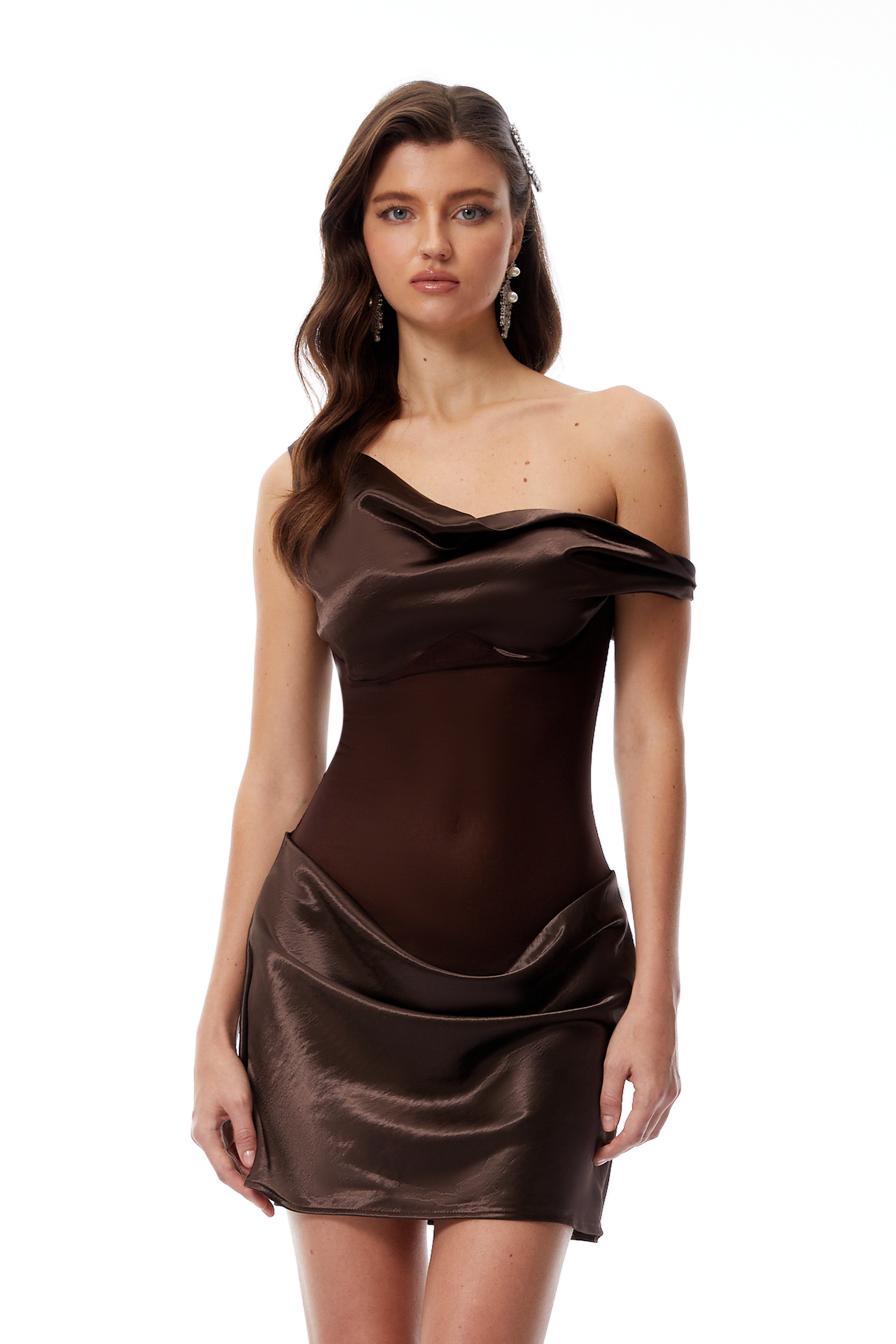 Pernilla Brown One Shoulder Satin Mini Dress