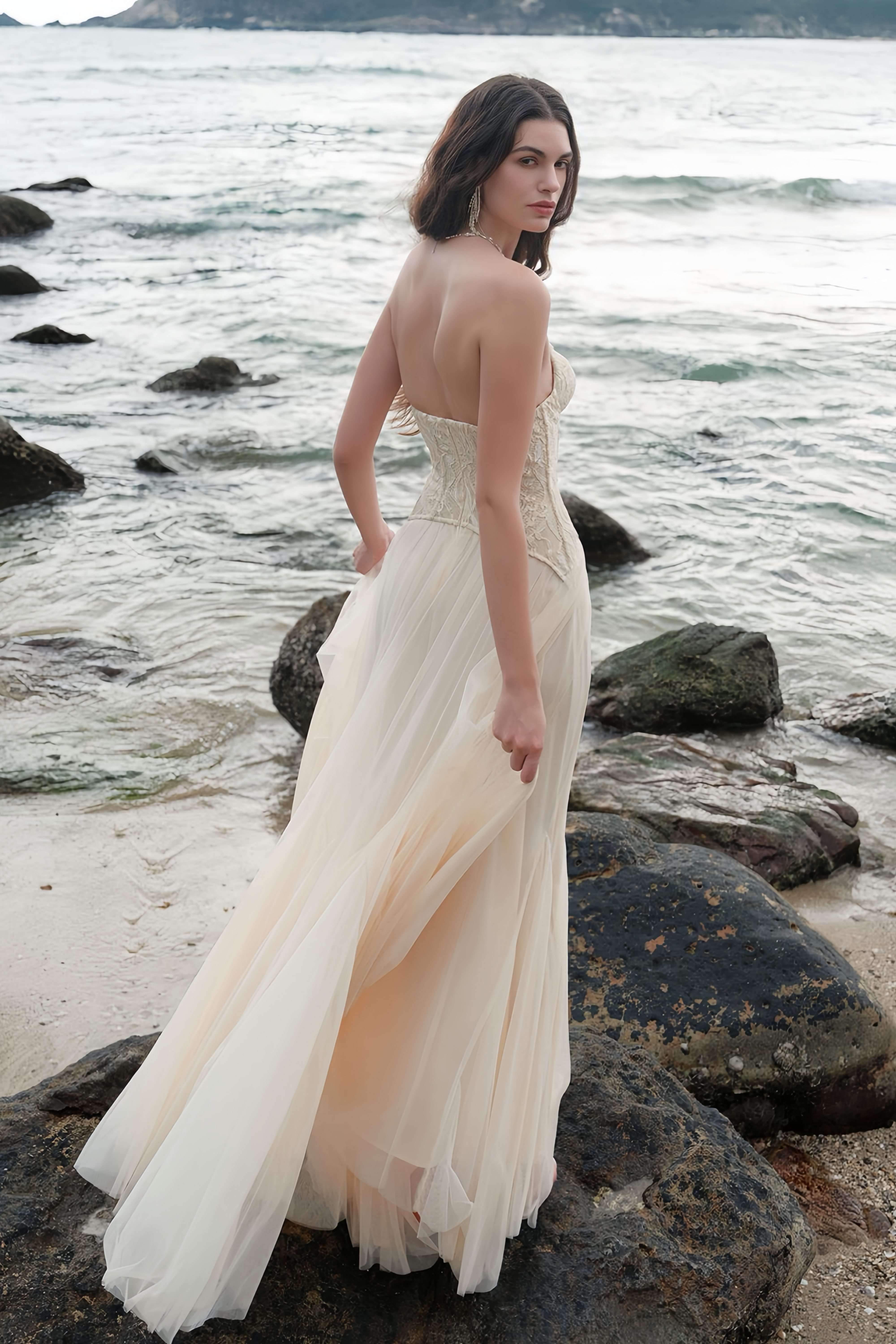 Ulrique Beige Lace Corset Tulle Maxi Dress