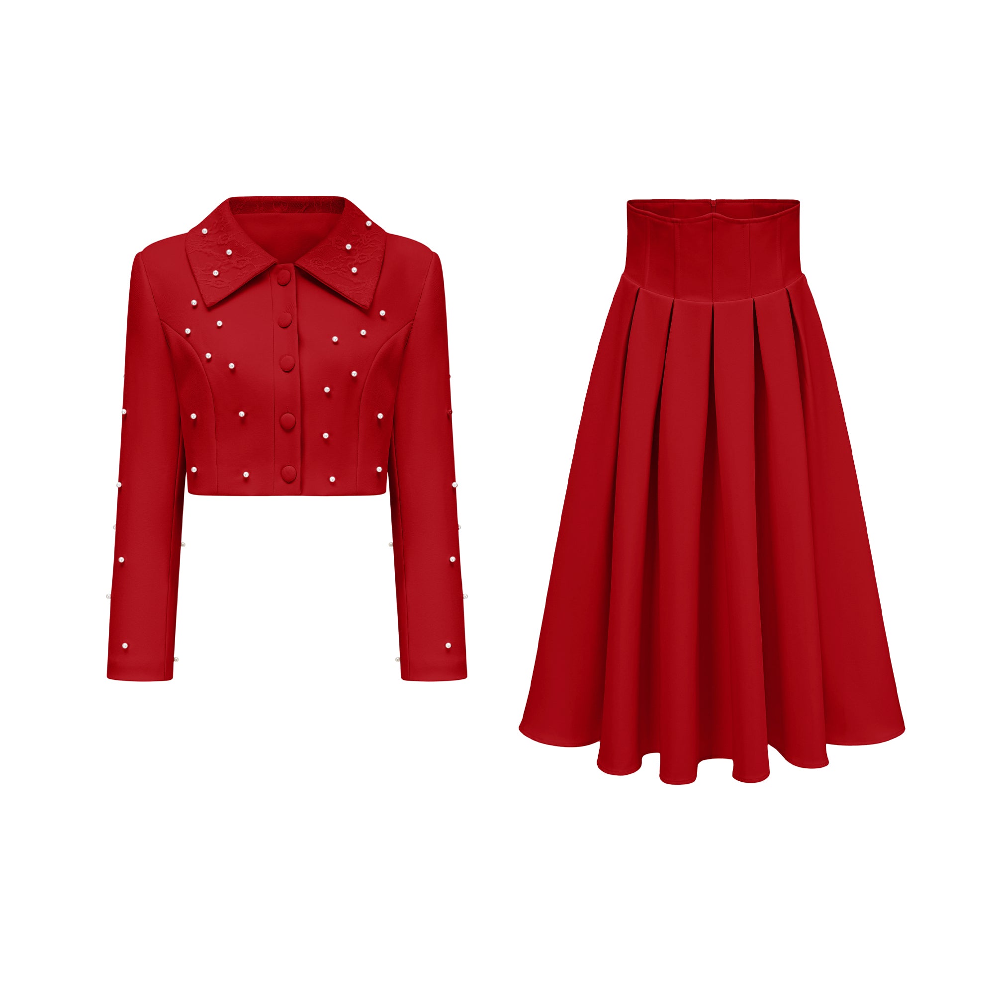 Maja Red Faux Pearl Jacket & Pleated Skirt Set