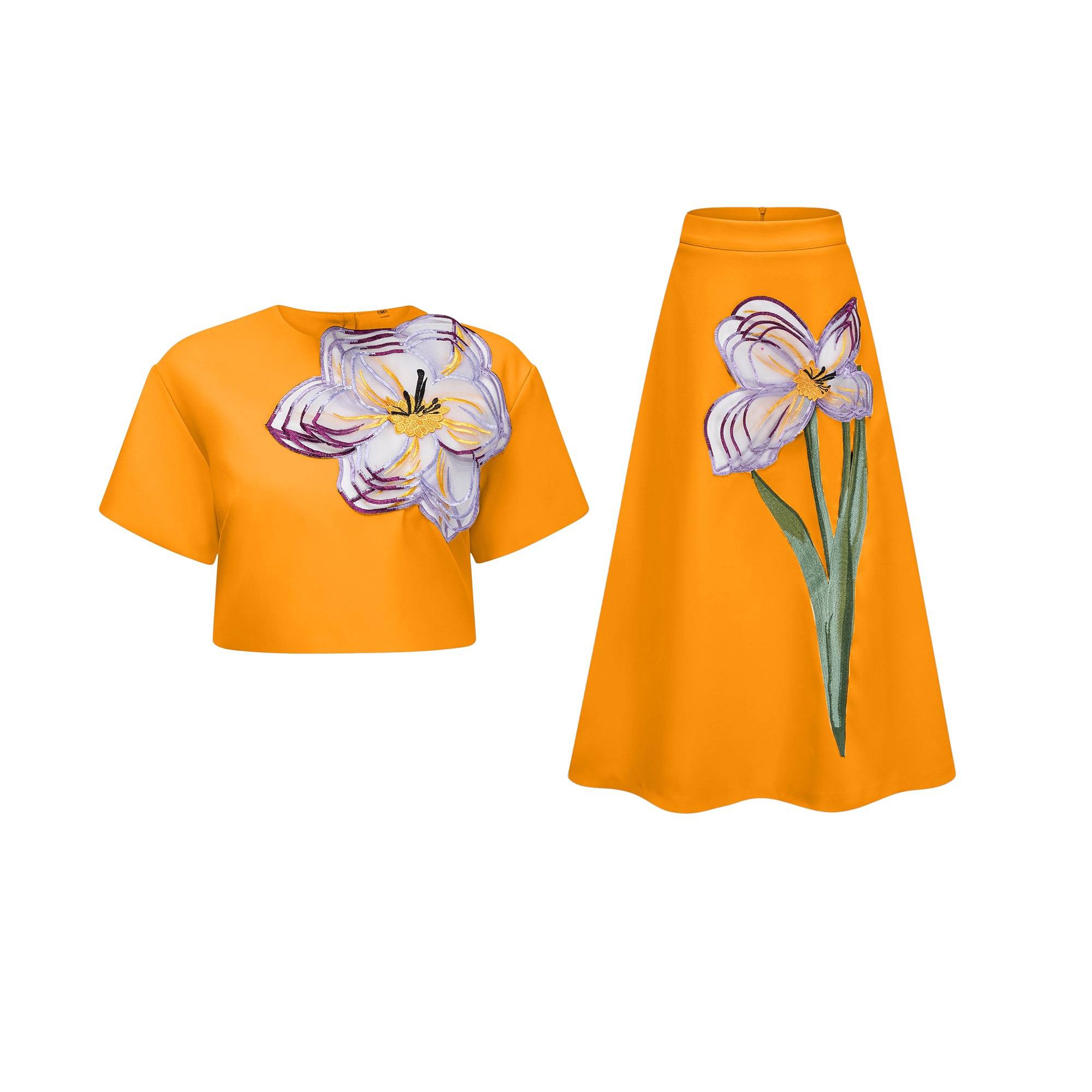 Irène Orange Sequin Floral Embroidered Matching Set