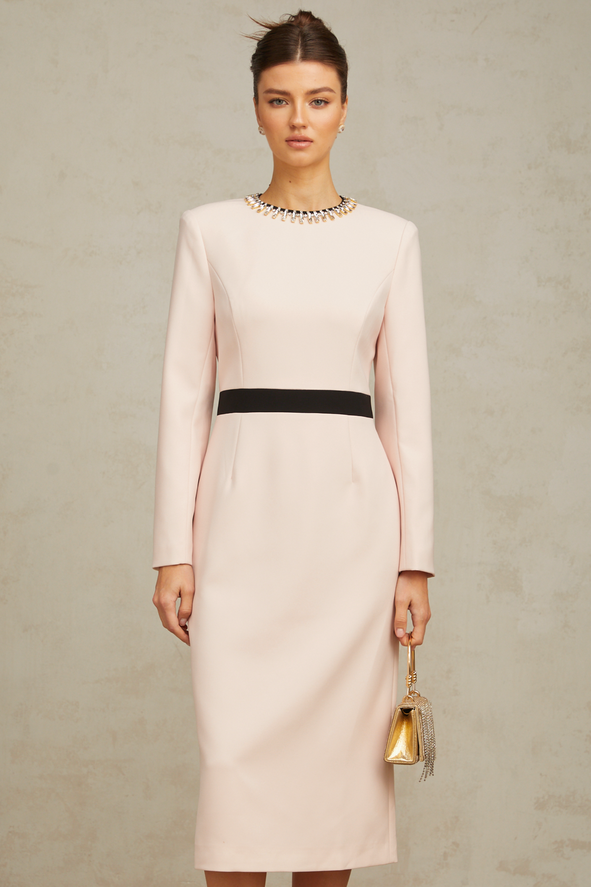Anaïs pink crystal color-blocked midi dress