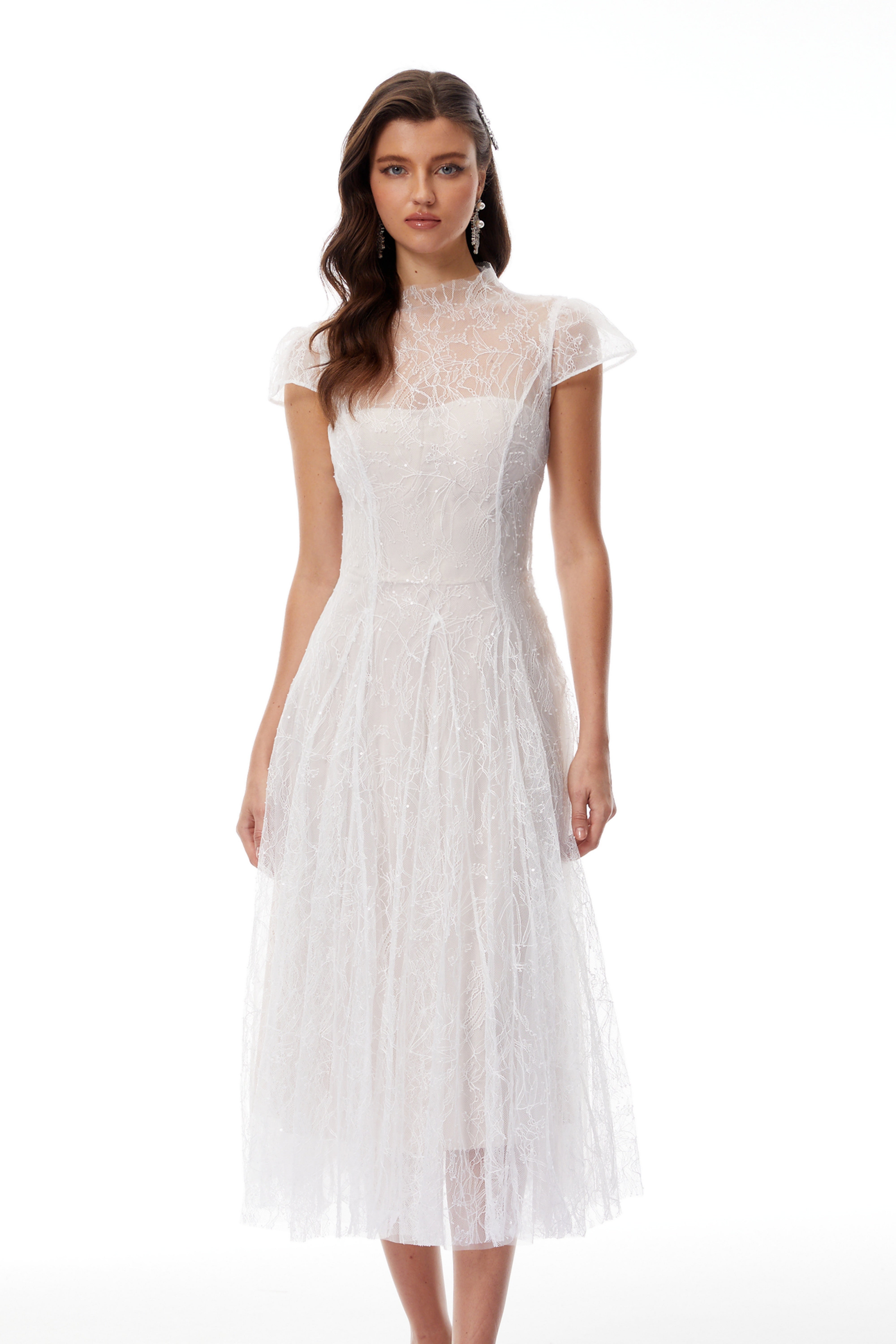 Velia White Lace Glitter Tulle Maxi Gown