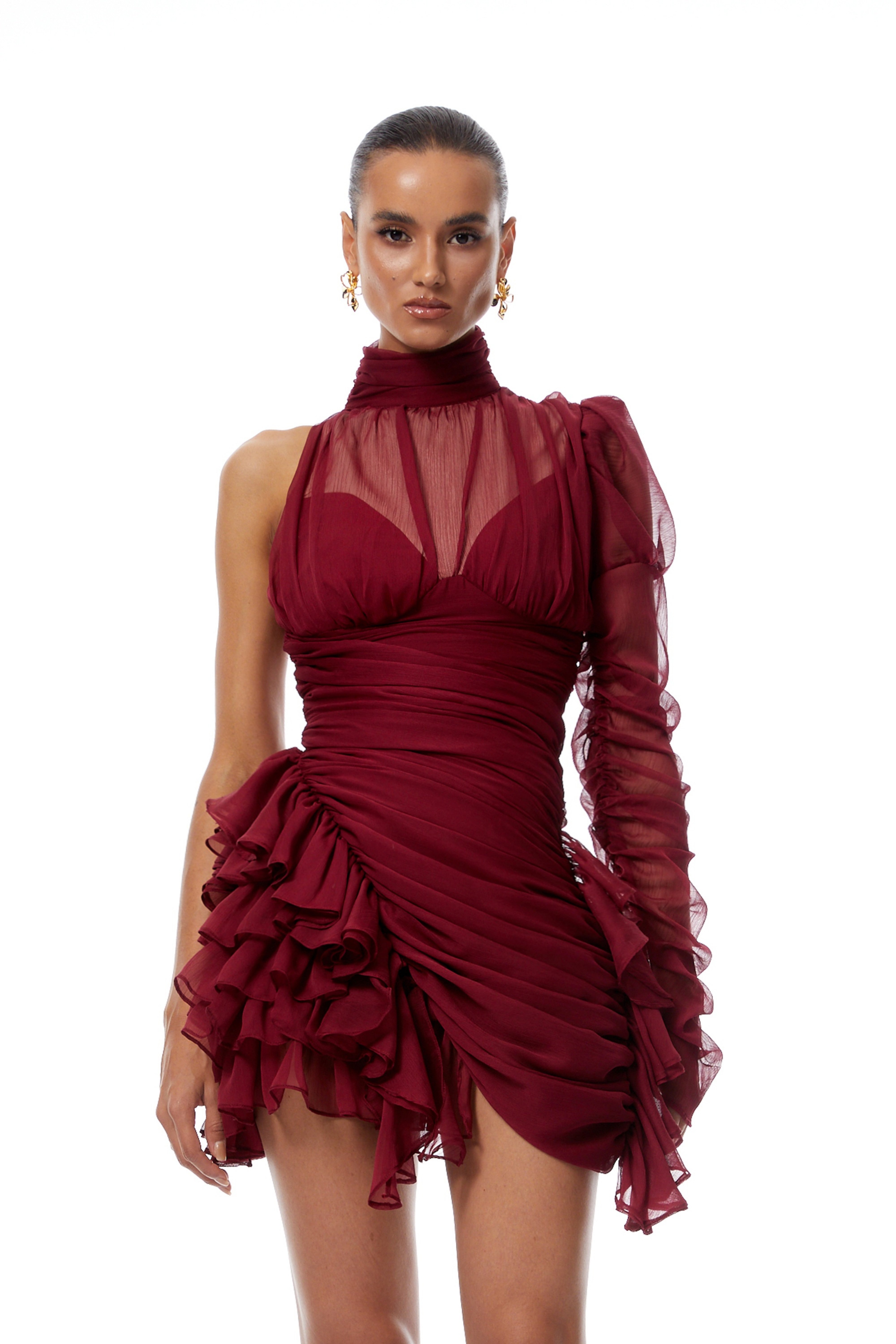 Éléna Burgundy Asymmetrical Ruffled Tulle Mini Dress