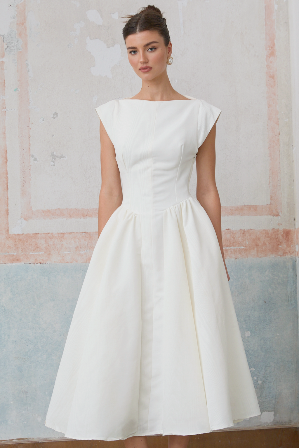 Amandine white open-back cap-sleeve midi dress