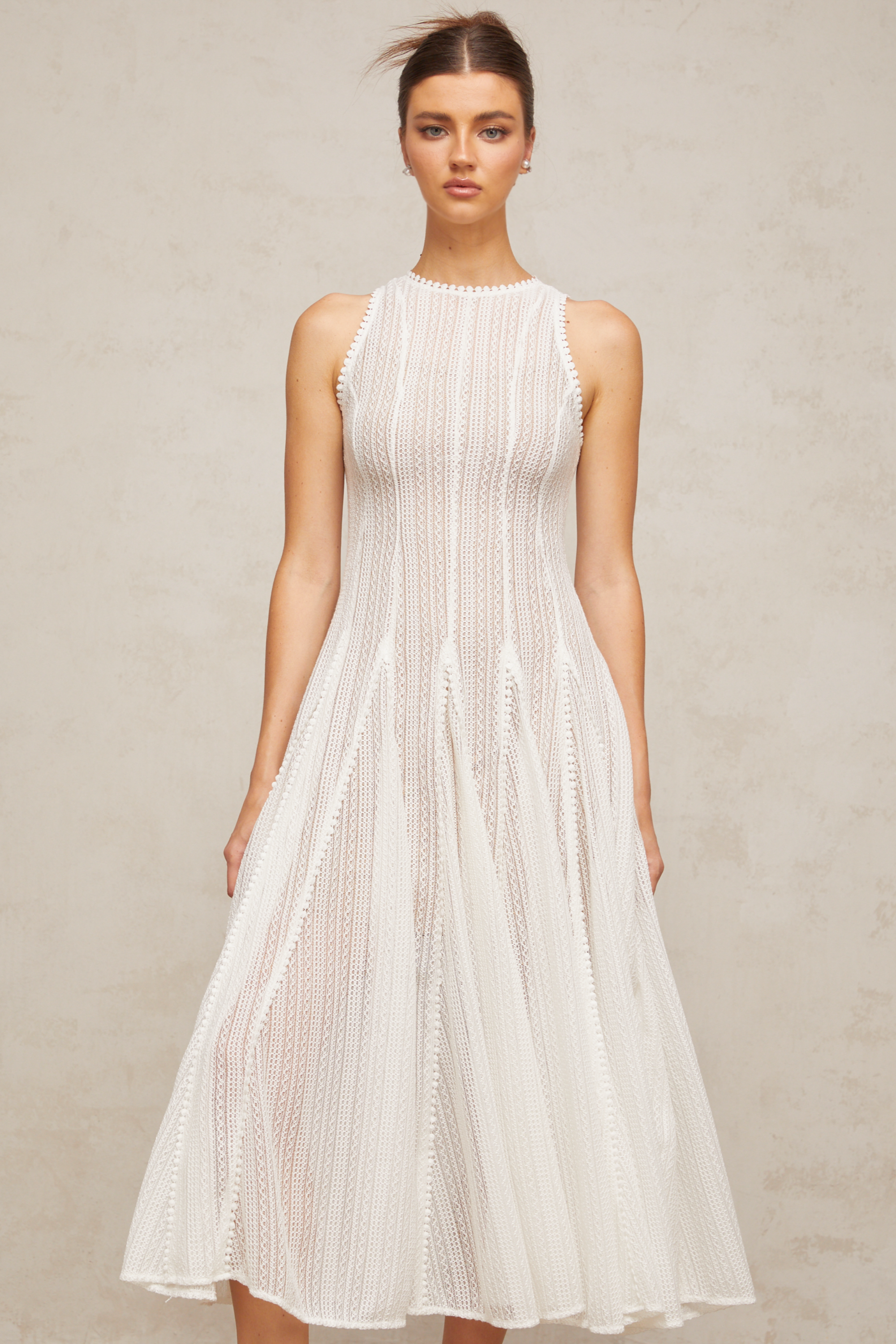 Weißes Pointelle-Puff-Midikleid „Hélène“