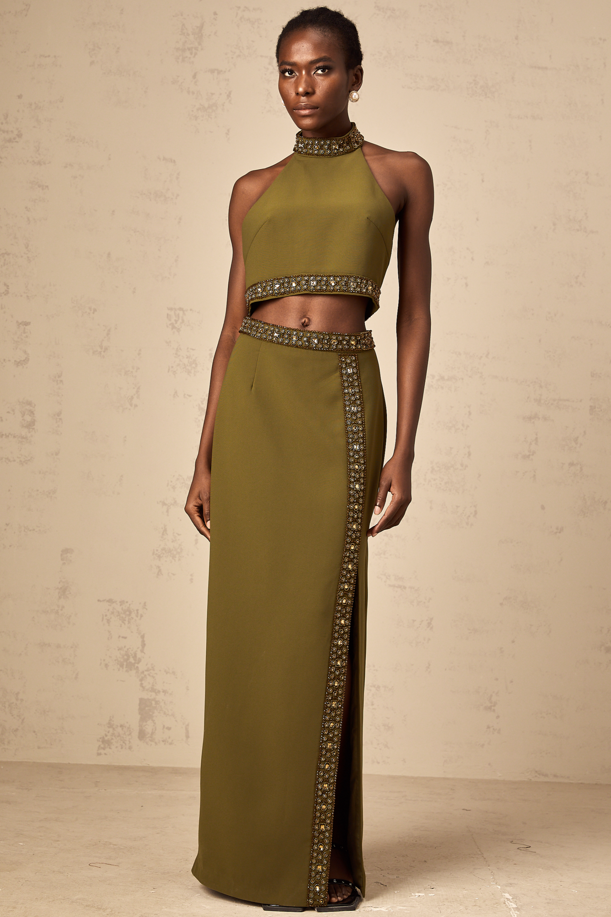 Daisy green beaded-trim top & skirt matching set