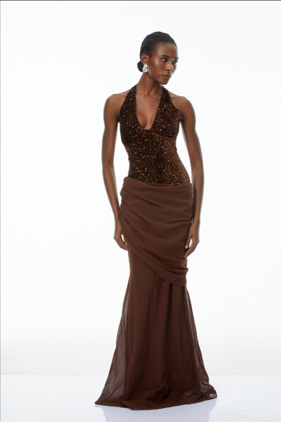 فستان طويل مزين بكشكشة بلون بني كرزي وشوكولاتة (تخفيضات نهائية)