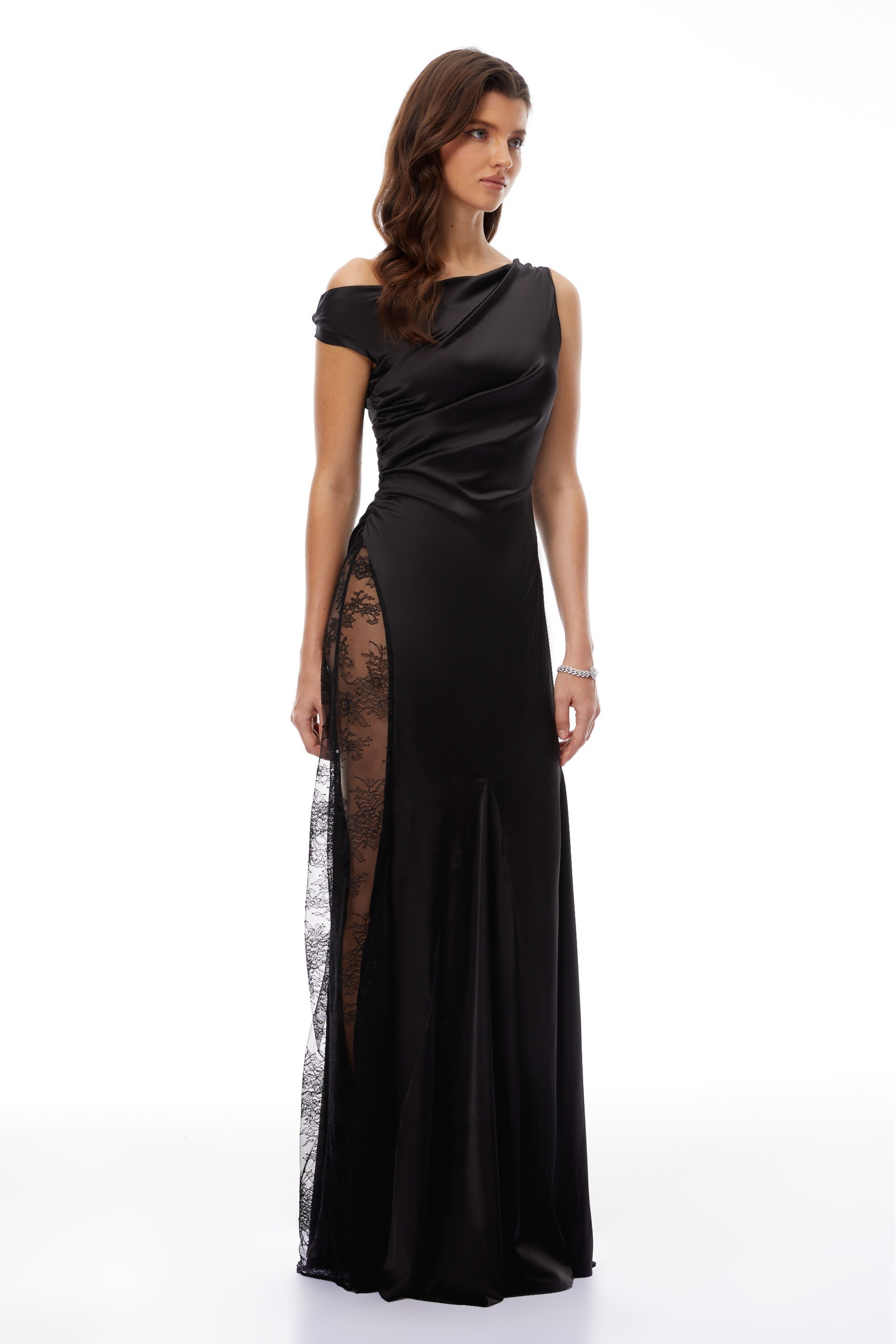 Hazel Black Lace Panel Satin Maxi Dress