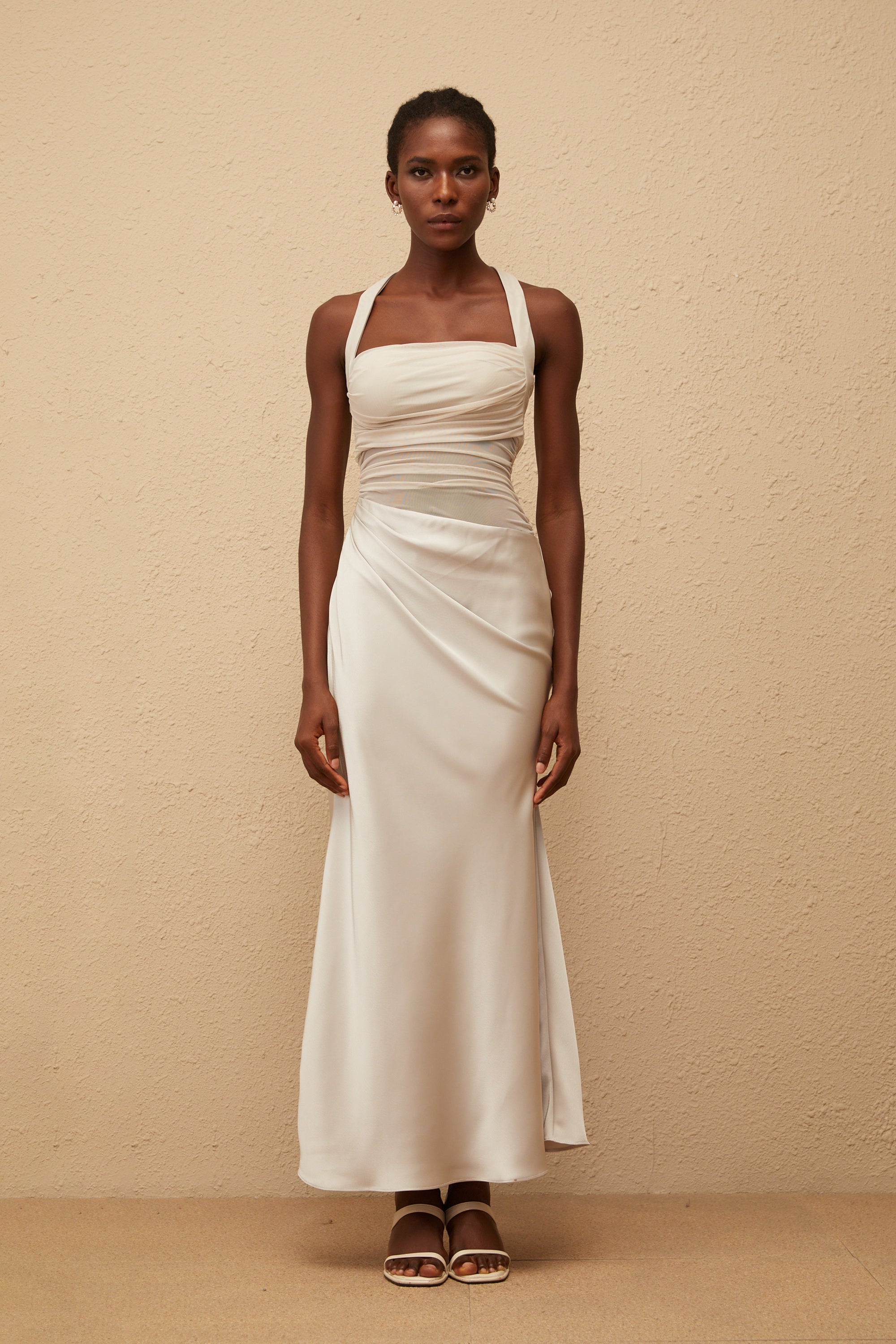 Taina Grey Mesh Panel Ruched Maxi Dress (Final Sale)