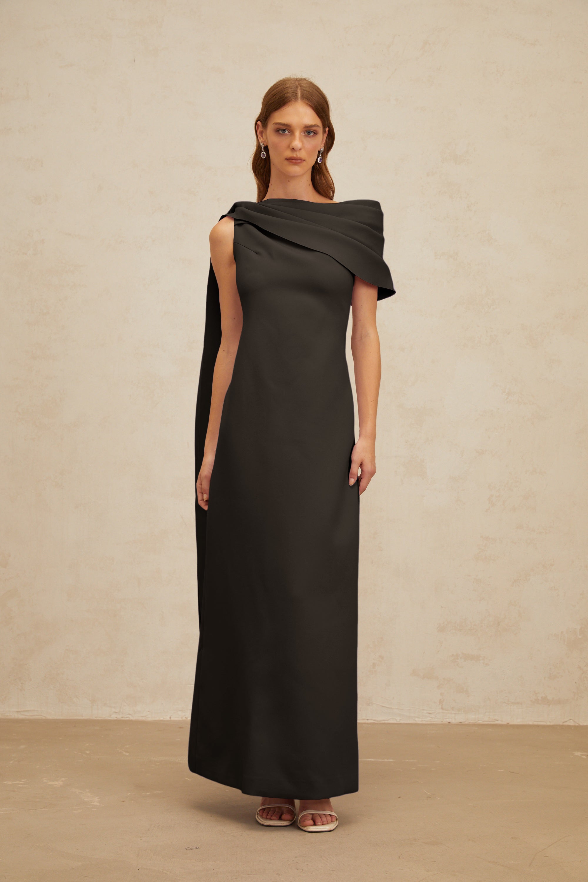 Annabelle Black Cape-Design Ribbon Maxi Dress