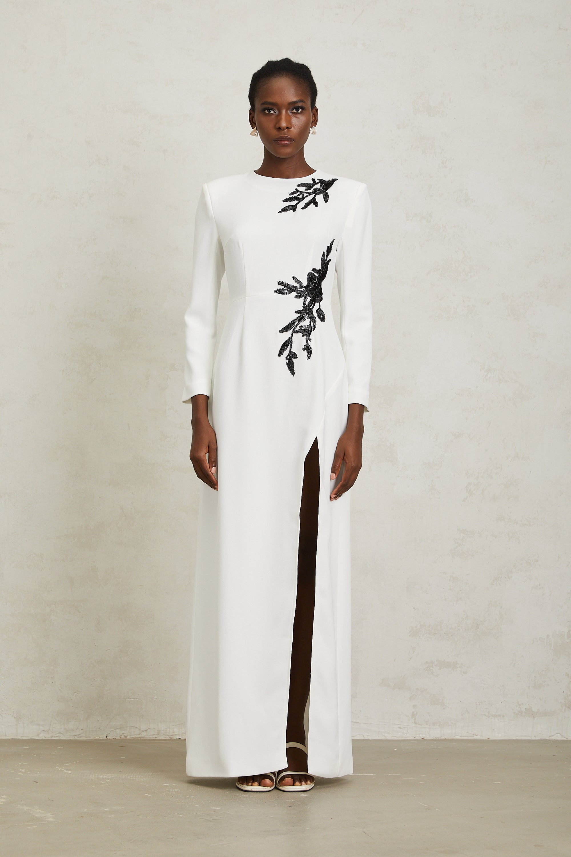 Vanessa White Beaded Floral Appliqué Maxi Dress