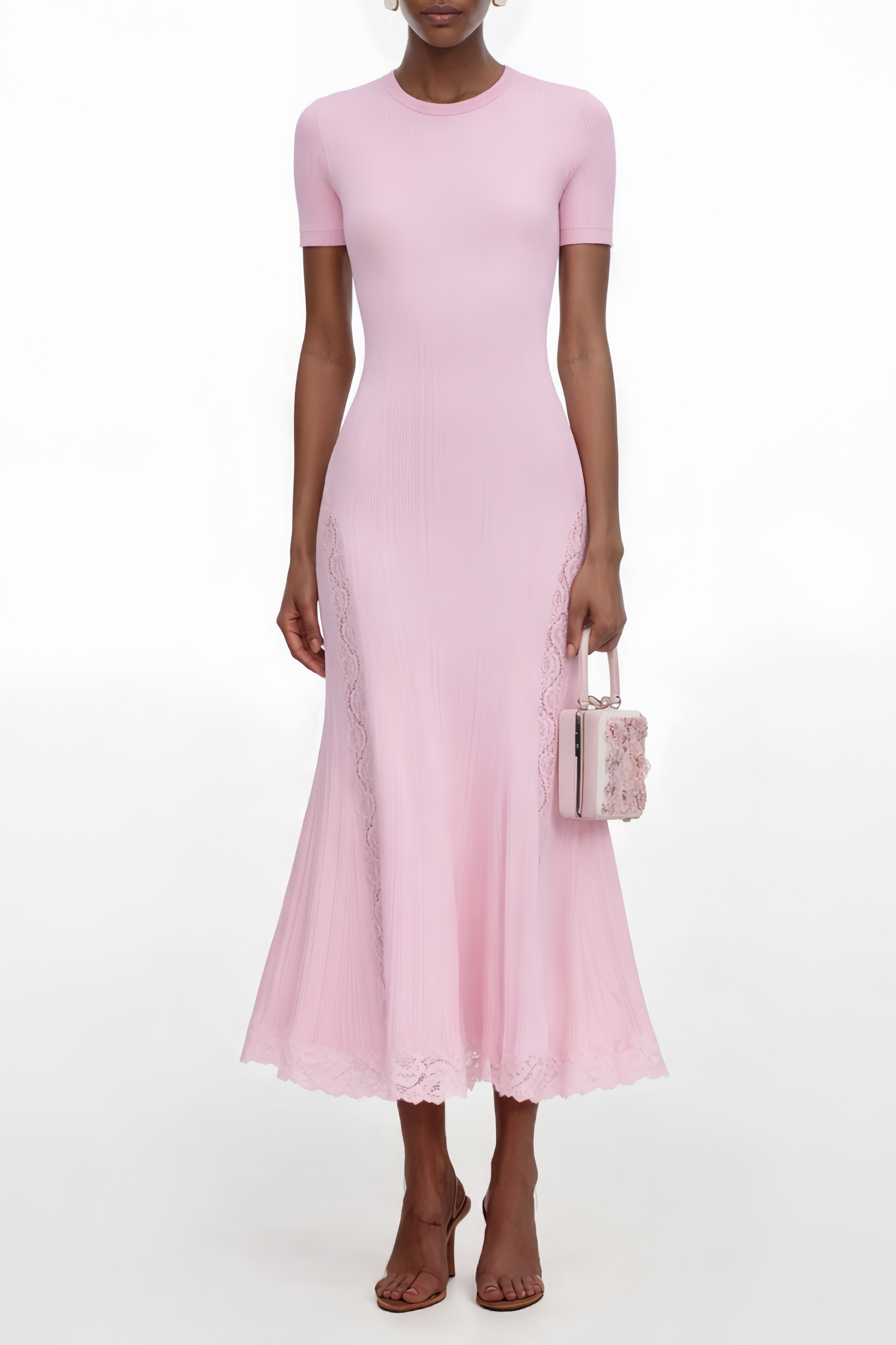 Thalya Midi-Kleid aus Strick mit rosa Spitzenbesatz