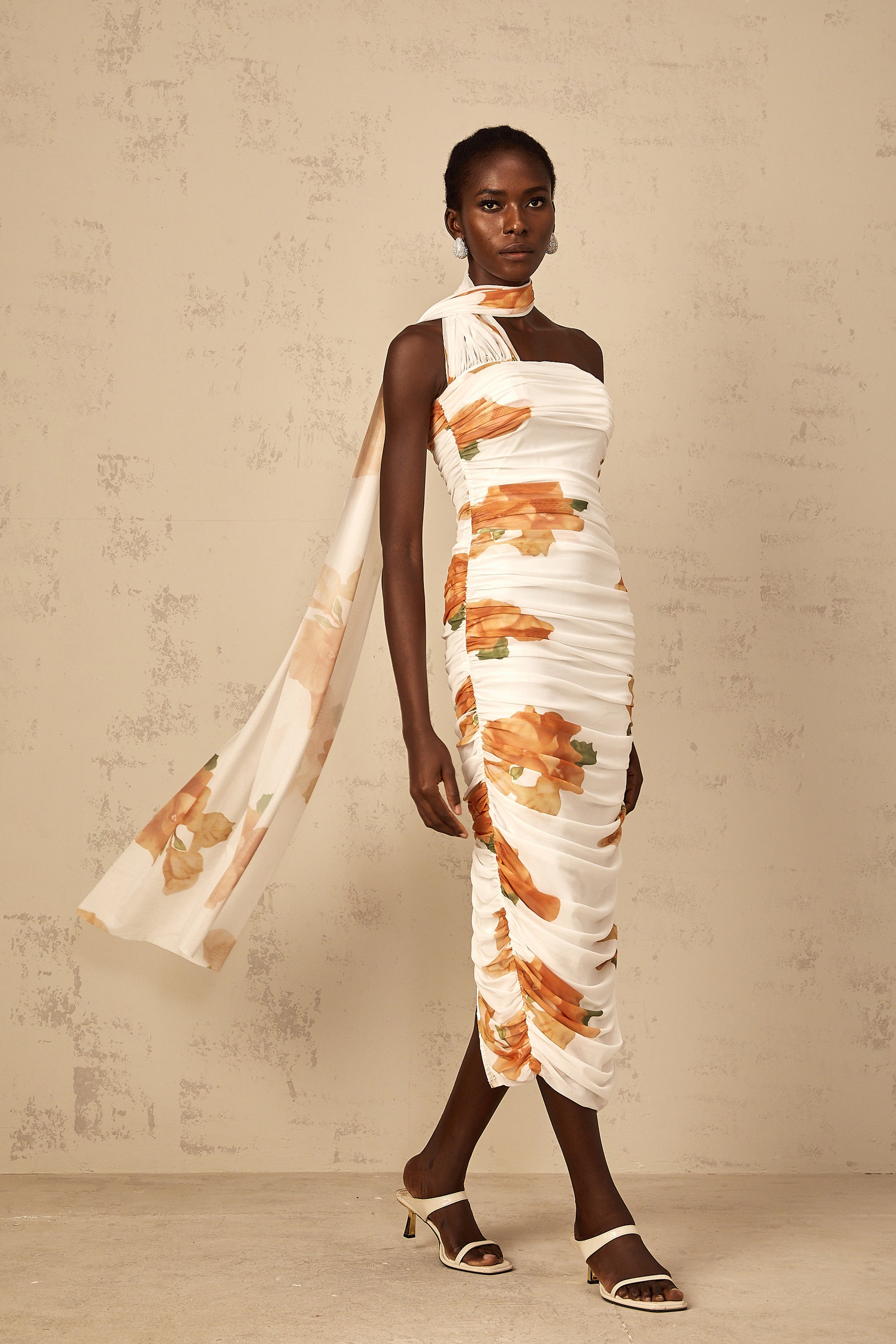 Frida white floral-print ruched tulle midi dress