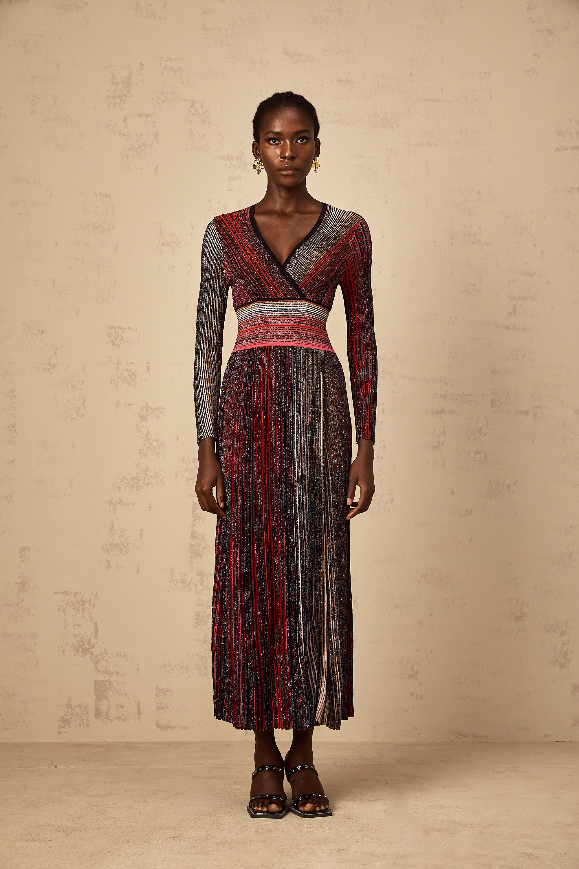 Amaryllis Red Long Sleeve Sequin Striped Knit Maxi Dress