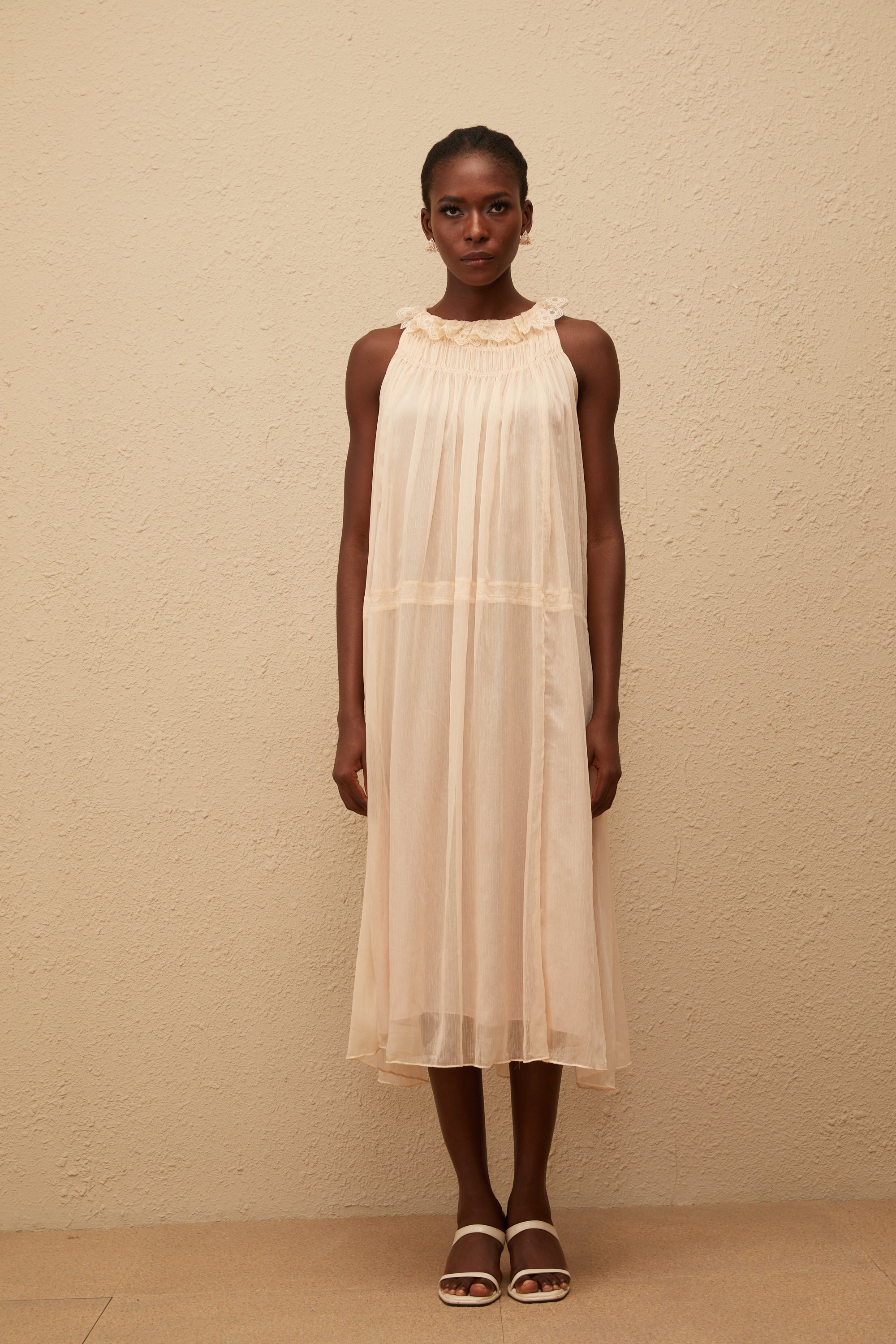 Orélie Neutral Pleated Chiffon Midi Dress