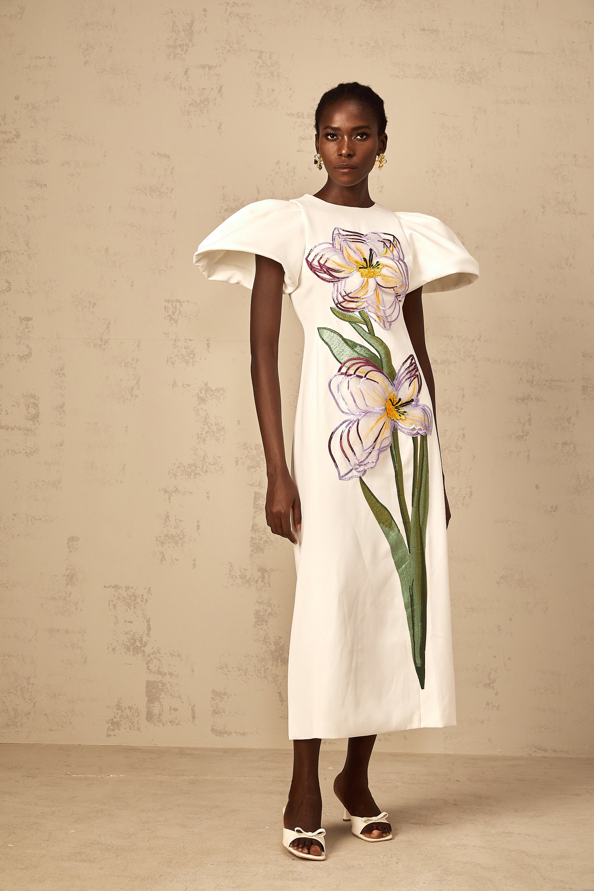 Irène White Sequin Floral Embroidered Midi Dress