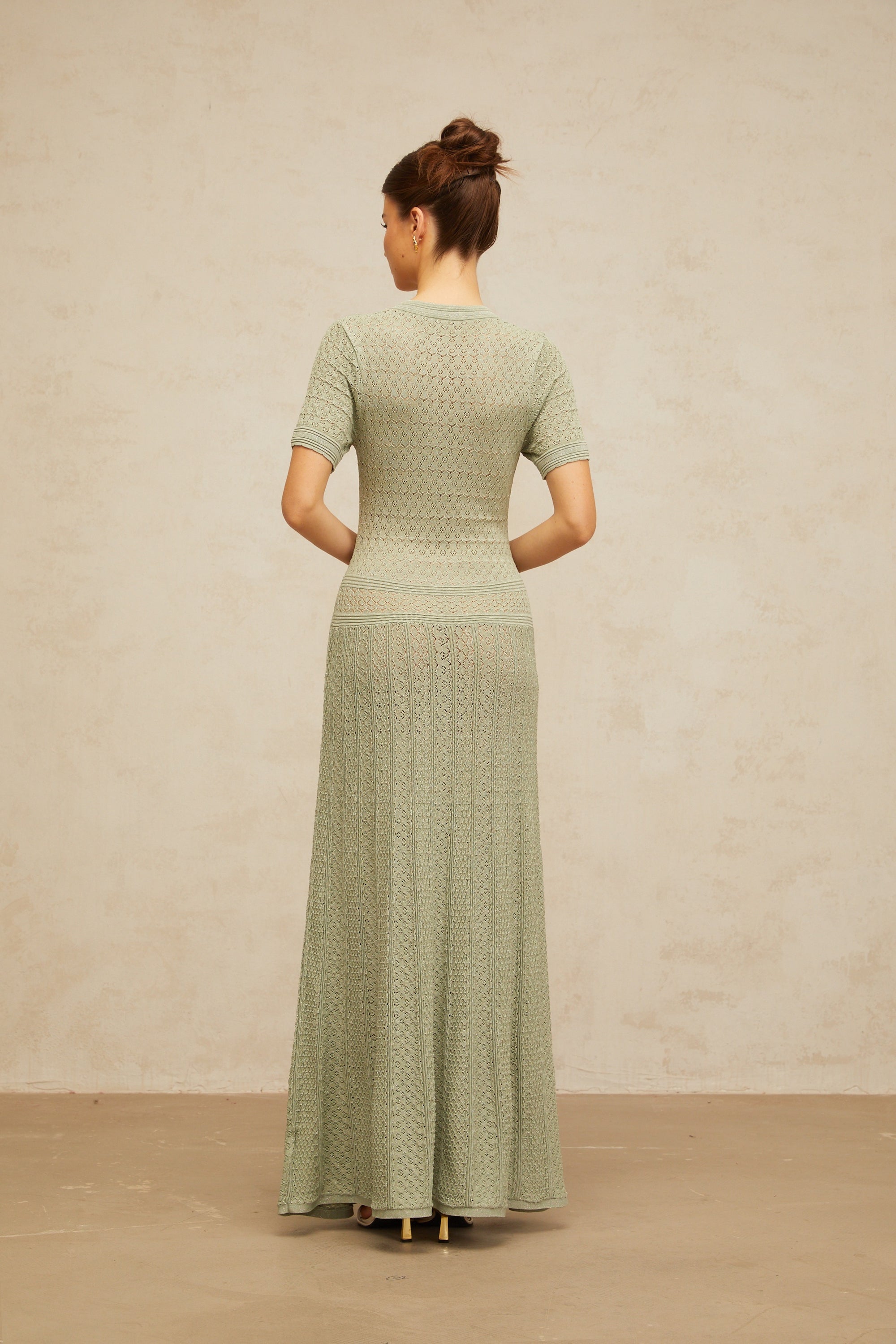 Siena green shirred crochet-knit maxi dress
