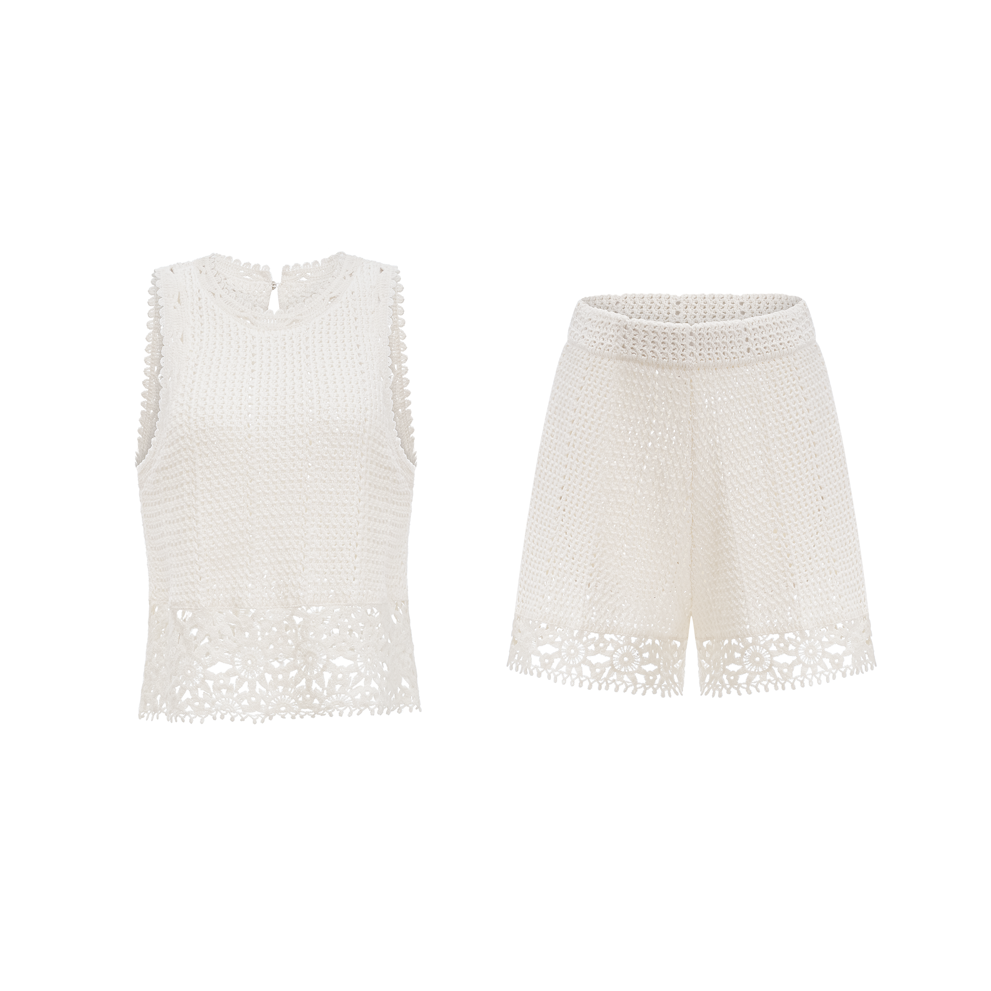 Gisèle White Floral Appliqué Crochet Knit Two-Piece Top and Shorts Set (Final Sale-US Only)