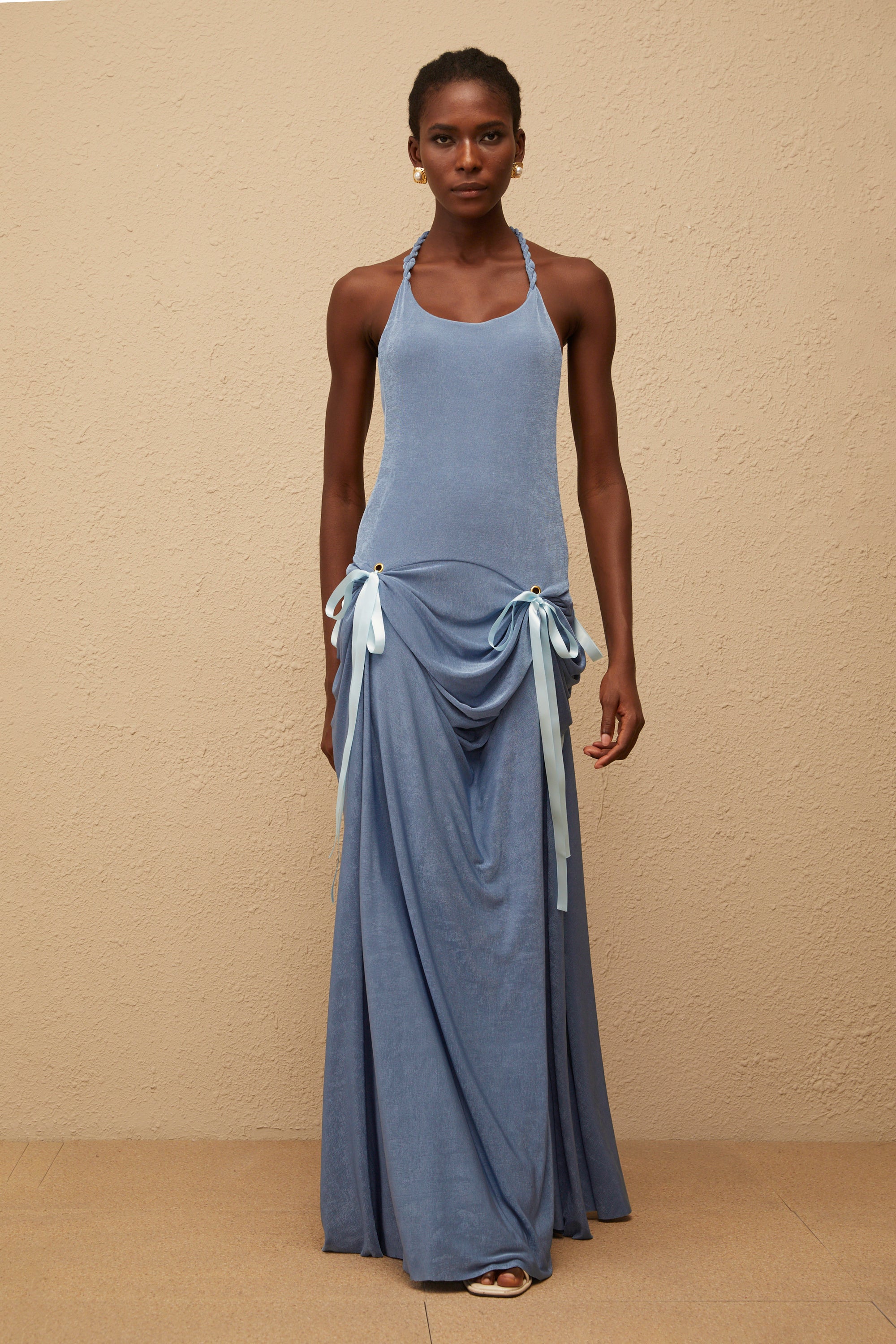 Adèle Blue Bowknot Velvet Maxi Dress